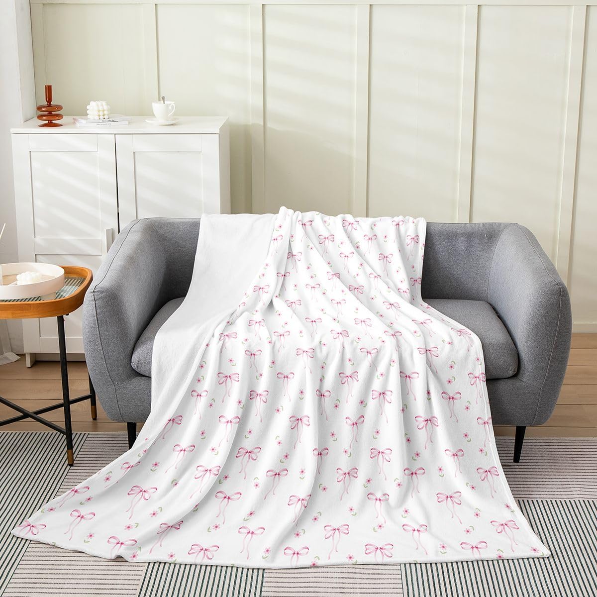 Feelyou Pink Bow Plush Throw Blanket Cute Floral Flannel Blanket Twin 60"x80" Princess Ribbon Bowknot All Season Coquette for Couch Bed Sofa Aesthetic Bedroom Decor