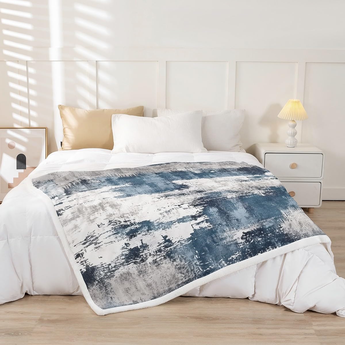 Erosebridal Modern Abstract Fuzzy Throw Blanket Vintage Ombre Art Blankets & Throws 90"x90",Minimalism Blue Grey Grunge Oil Painting Sherpa Fleece Blanket,Watercolor Artwork Rustic Graffiti Decor