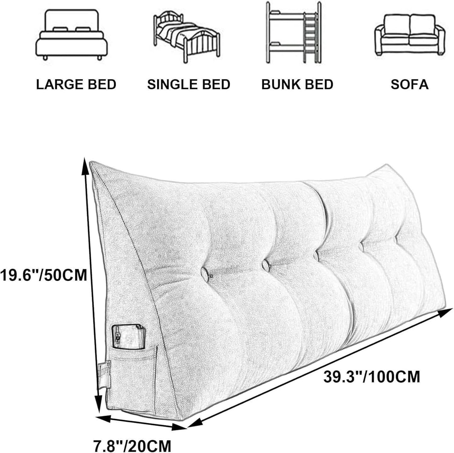 Triangular Headboard Wedge Pillow Triangular Headboard Backrest Cushion, Headboard Reading Backrest, Sofa Bed Upholstered Double Tatami Pillow with Removable Pillowcase