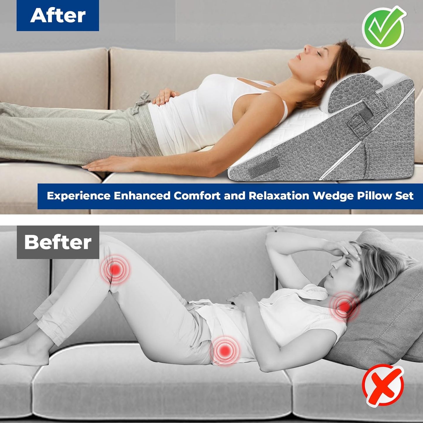 GUWELL Wedge Pillow Headboard for Sleep, 3PCS Adjustable Bed Wedge Pillow for Acid Reflux&Back Pain Relief, Sleeping, Back Pillow for Bed Sitting Up, 12inch/White/Grey