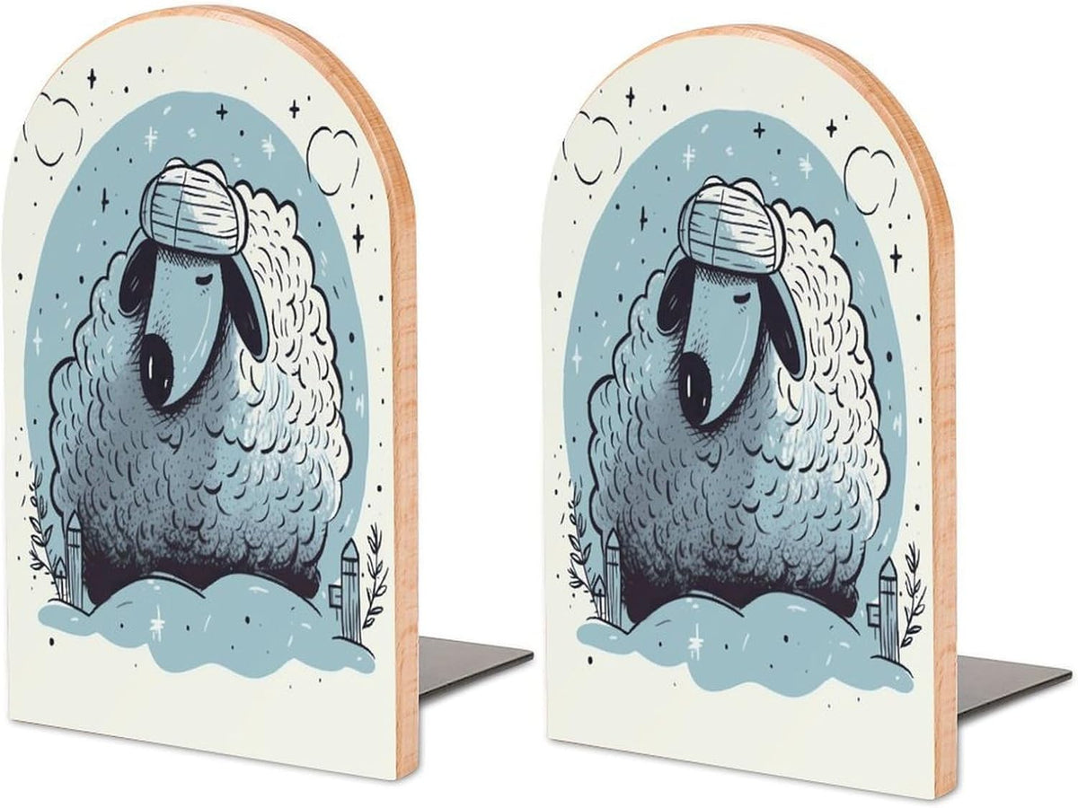 Sleep Well Hand Drawn Wooden Bookend Non-Slip Book Ends Heavy Duty Book Stopper with Metal Base Books Holderd Decorative Bookends Stands Firmly for Office Supplies