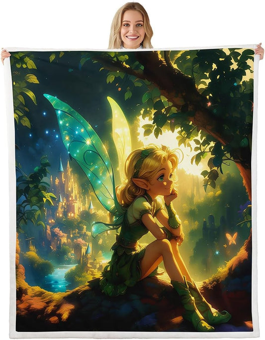 Butterfly Elf Kids Throw Blanket,Castle Jungle Botanical Trees Nature Fuzzy Blanket,Princess Dreamy Fairy Tale Fleece Throws for Bed Couch Sofa,Green Soft and Breathable,Throw Size (50 x 60 Inches)
