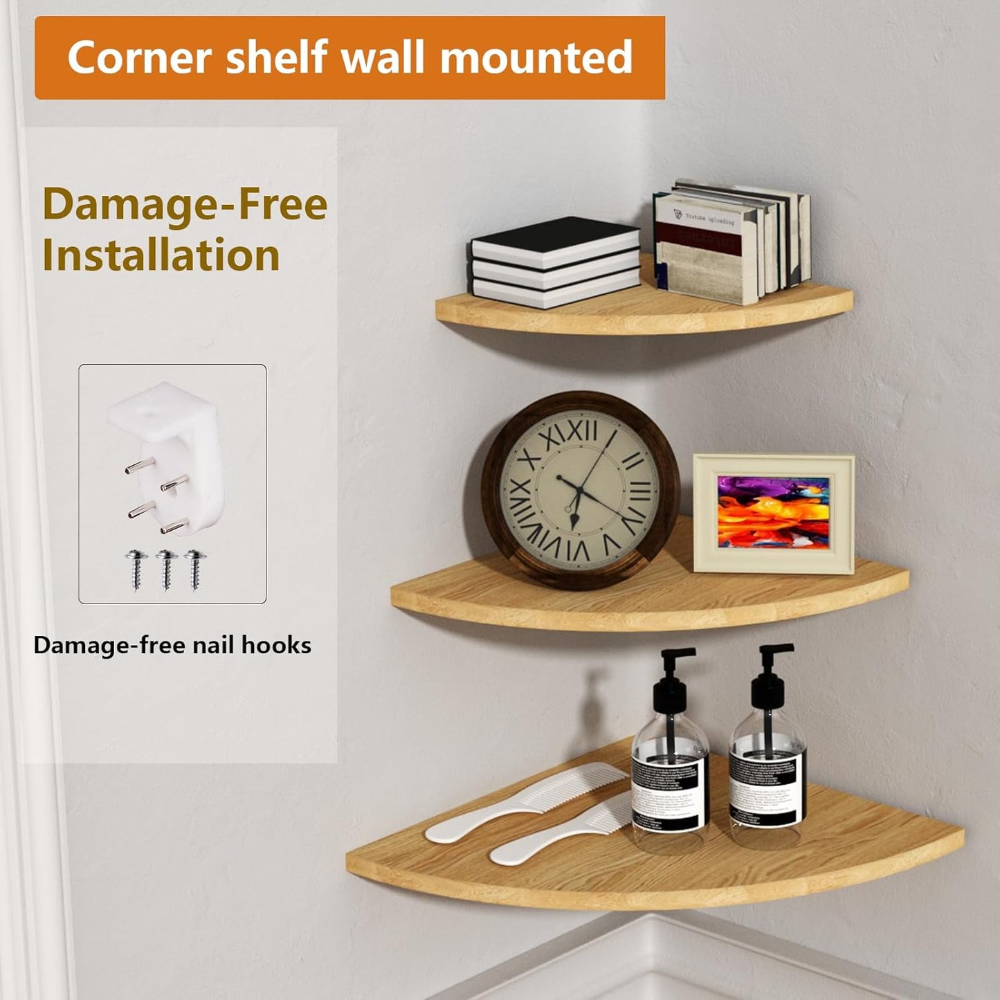 Corner Mounting Shelf, Easy to Install Wall Corner Shelf, Wall Shelves with Wood Grain Finish, Durable and Waterproof Wooden Material for Kitchen, Bathroom, Living Room Home Décor (Brown)