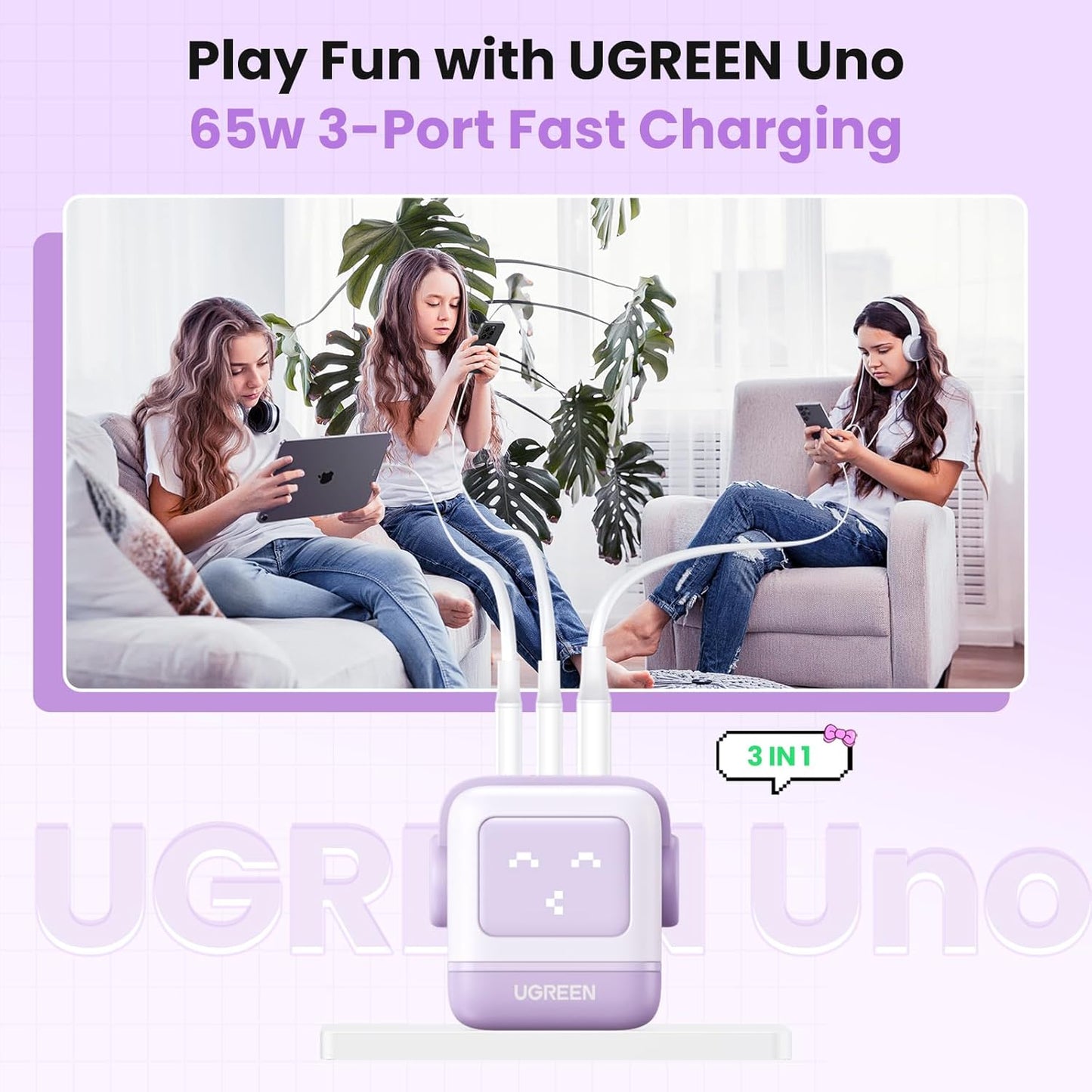 UGREEN Uno 65W USB C Charger Block, 3-Port GaN Fast Charging for iPhone 17, Galaxy S26, Gifts for Women with Bow, for MacBook Pro/Air/Neo, XPS, Galaxy S26/S25, Steam Deck, ROG Ally, Kawaii Purple