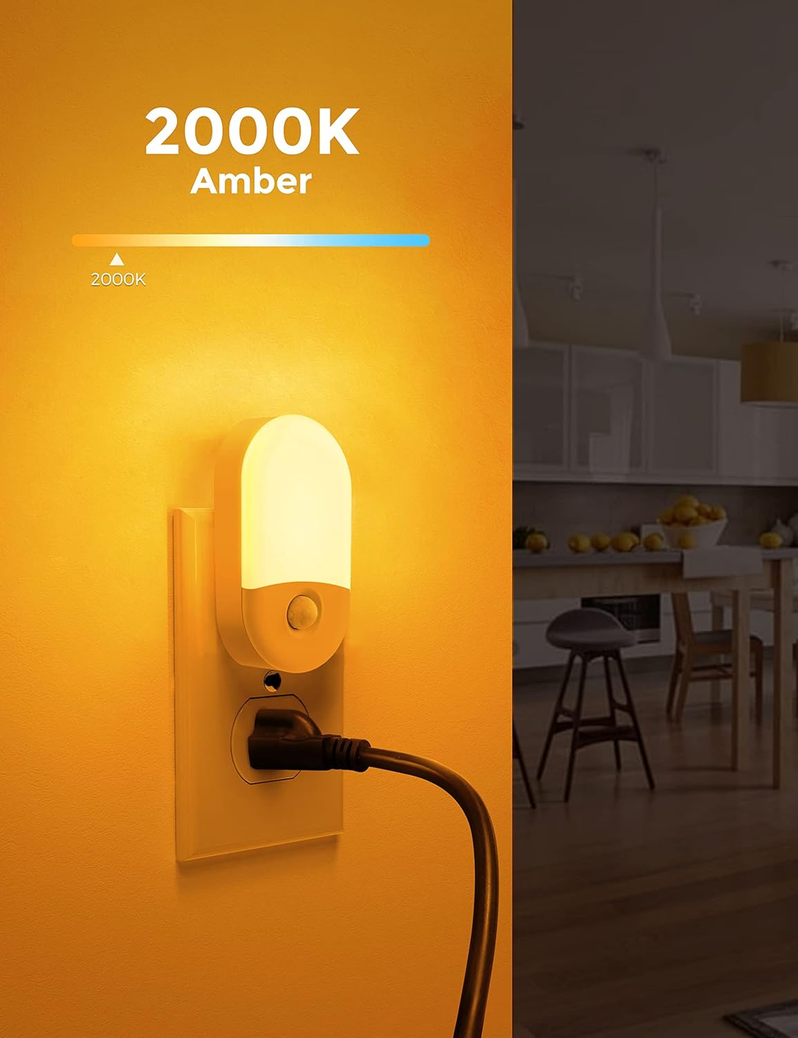 L LOHAS LED Amber Night Light, 2 Pack, Night Lights Plug into Wall Motion Sensor, 0.6W 2000K, LED Nightlights, 30/60LM Adjustable Brightness, Automatic Low Blue Nightlight for Kids, Bathroom, Hallway