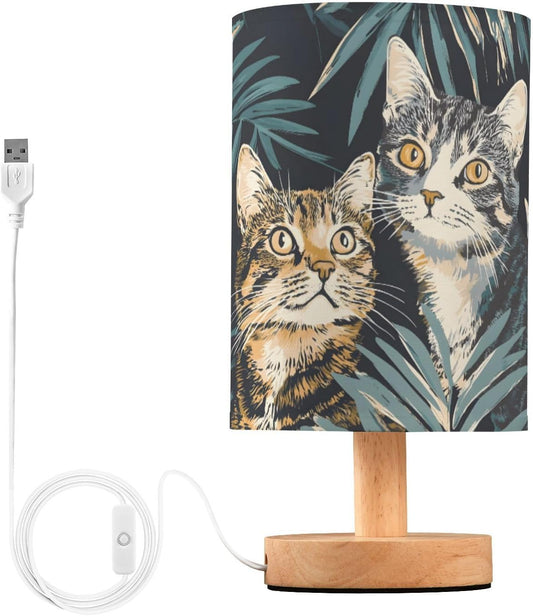 Couple Cat Bedside Table Lamp for Bedroom, Minimalist Nightstand Lamp with Round Fabric Shade for Living Room, Office, No Bulb Required