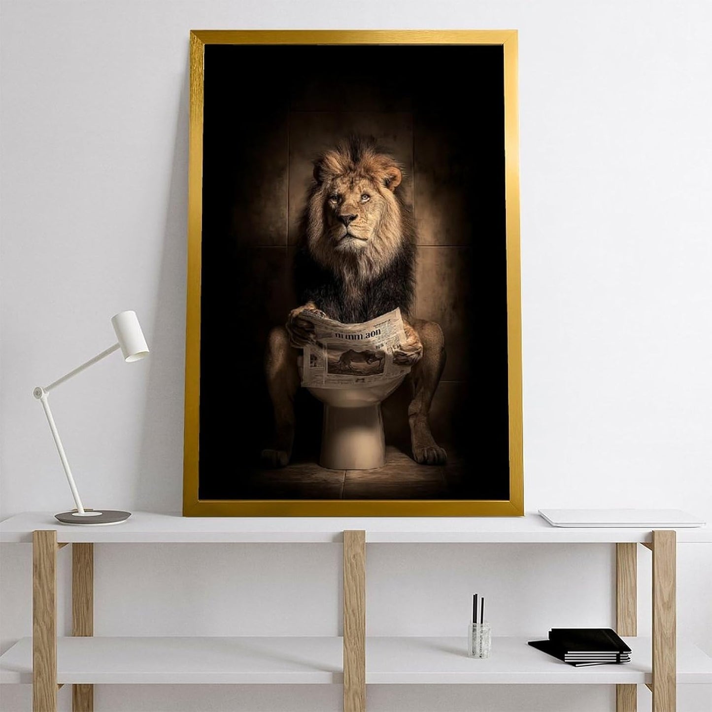Rucatto An Abstract Art Poster Depicts A Lion Reading A Newspaper in A Toilet. Wall Art Paintings Canvas Wall Decor Home Decor Living Room Decor Aesthetic 12x18inch(30x45cm) Golden-style