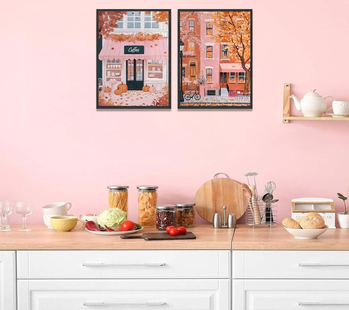 Fyivod 2pcs Autumn Pink Coffee Tea Shop Poster Wall Art Retro Pumpkin Spice Painting Picture Wall Decor Autumn Landscape Painting Print Artwork for Kitchen Bedroom Cafe Home Decoration 12x16in