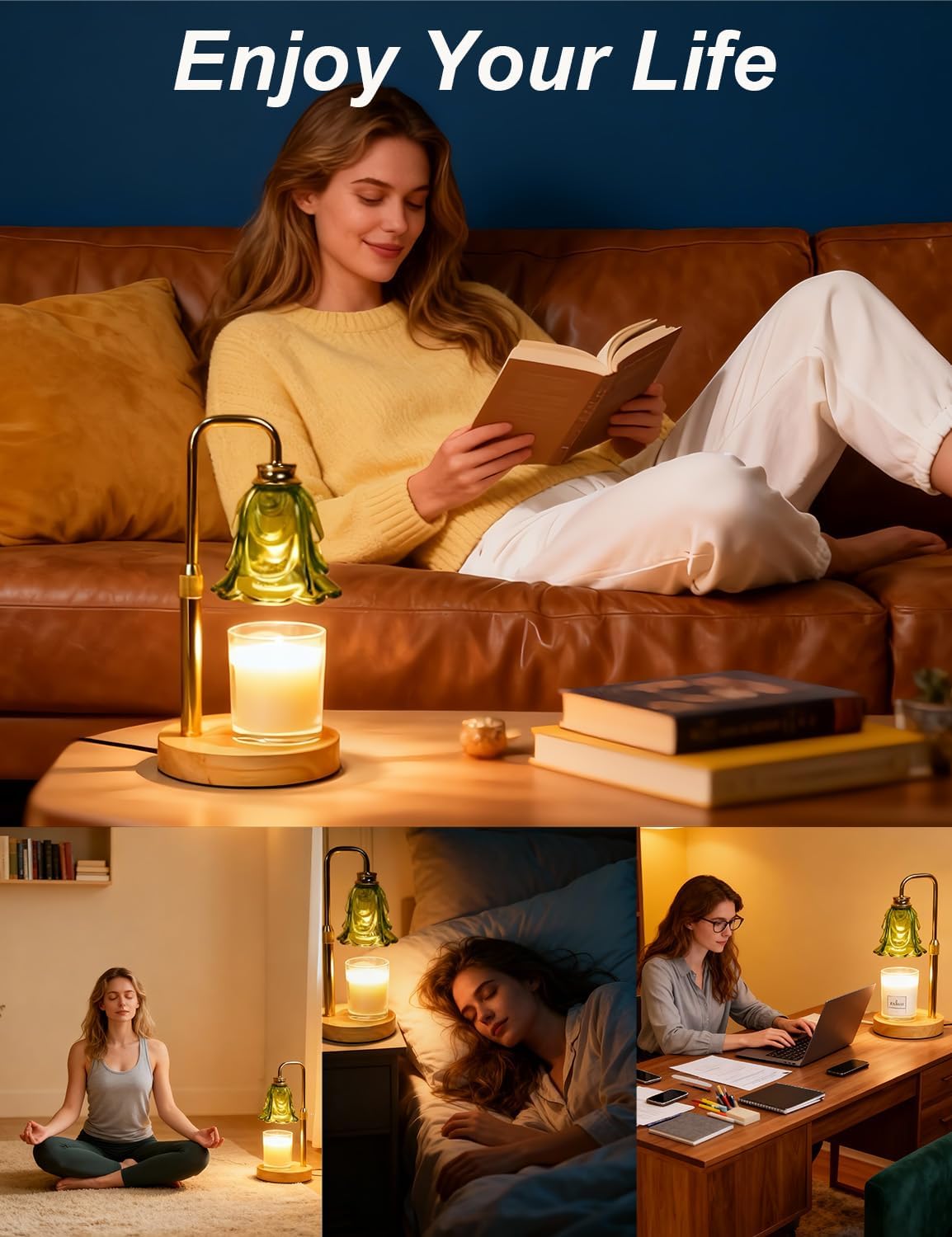 Candle Warmer Lamp with Timer, Green Flower Glass Candle Lamp Warmer, 5-Level Dimmable Lamp Candle Warmer Candle Wax Warmer Lamp, Adjustable Height Wax Melt Lamp Candle Burner Lamp