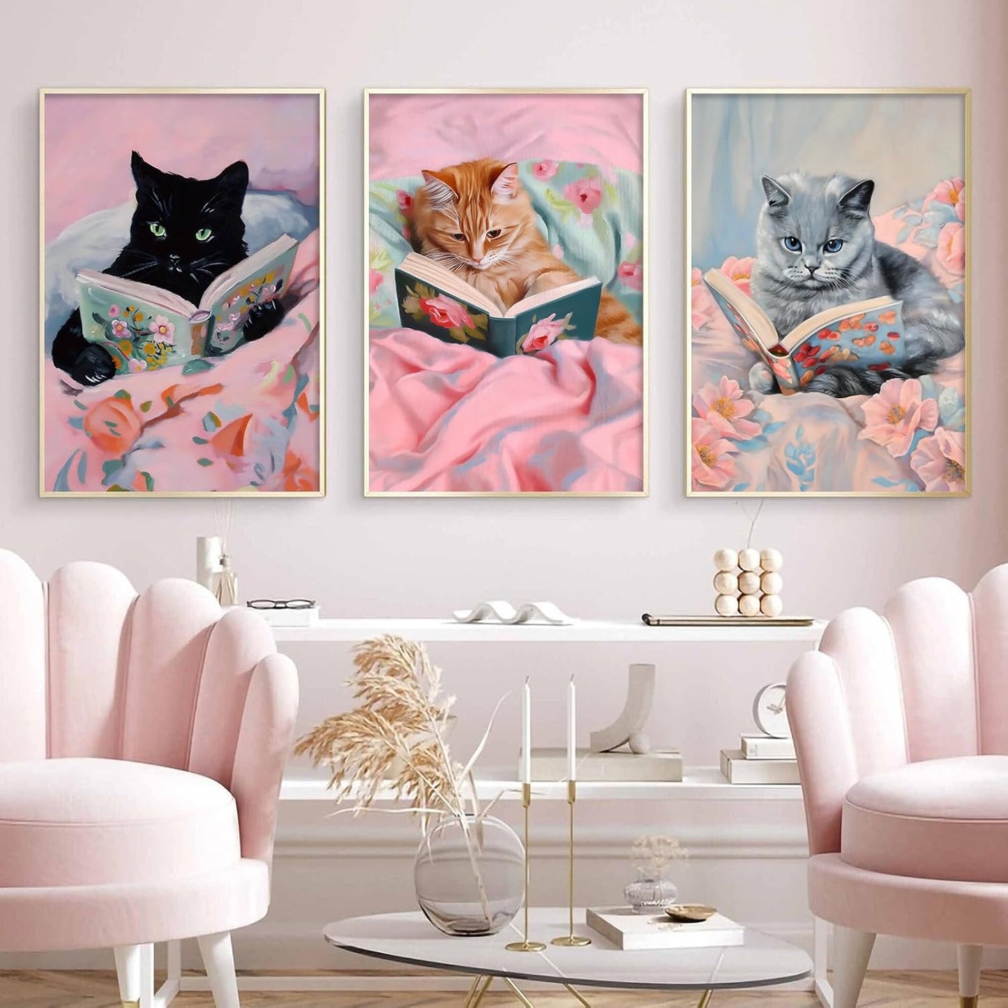 Cat Reading Book Poster Pink Cat Canvas Wall Art Funky Animal Art Prints Aesthetic Cute Paintings Animals Reading Books Wall Art Funny Pink Pictures Cute Trendy Funny Wall Print for Room 16x24in No Frame