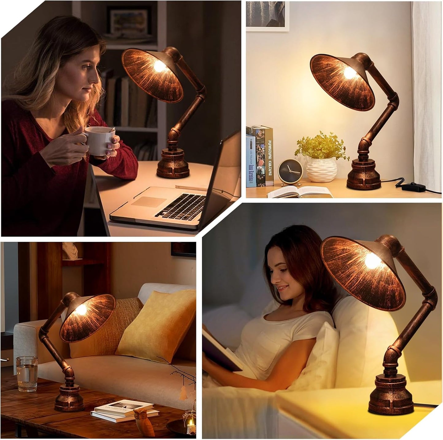 Steampunk Table Lamp, Industrial Water Pipe Lamp Retro Iron Piping Desk Lamp Vintage Nightstand Lamps for Bedroom Living Room Kitchen Café Dorm Pub Brown1