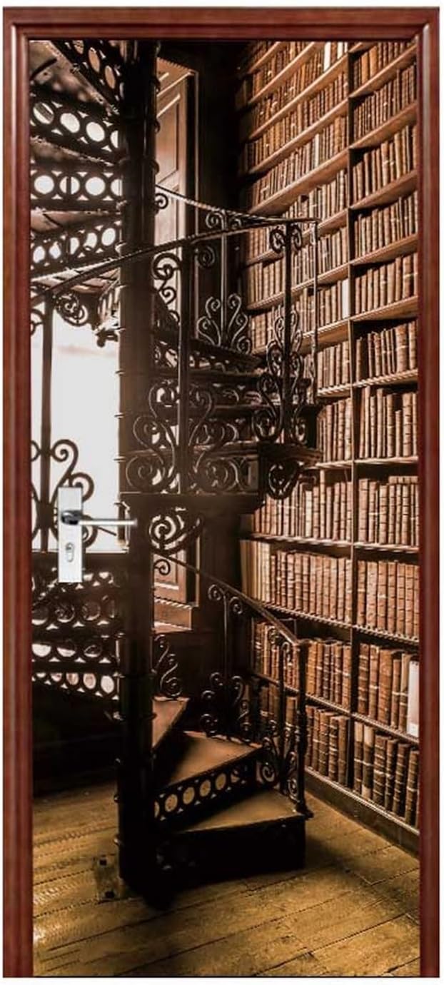 3D Door Stickers for Interior Doors Bookshelf with Books and Spiral Staircase in an Old Library Vinyl Waterproof Self Adhesive Door Mural Decals for Bedroom Office Bathroom 77 x 200cm