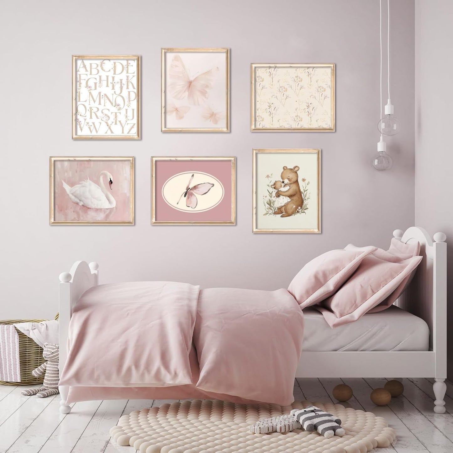 Coquette Girl Nursery Wall Art White Swan Preppy Painting Pink Butterfly Floral Pictures Aesthetic Canvas Posters Vintage Nursery Artwork for Girls Room Bedroom College Dorm 8x10 Inch Unframed