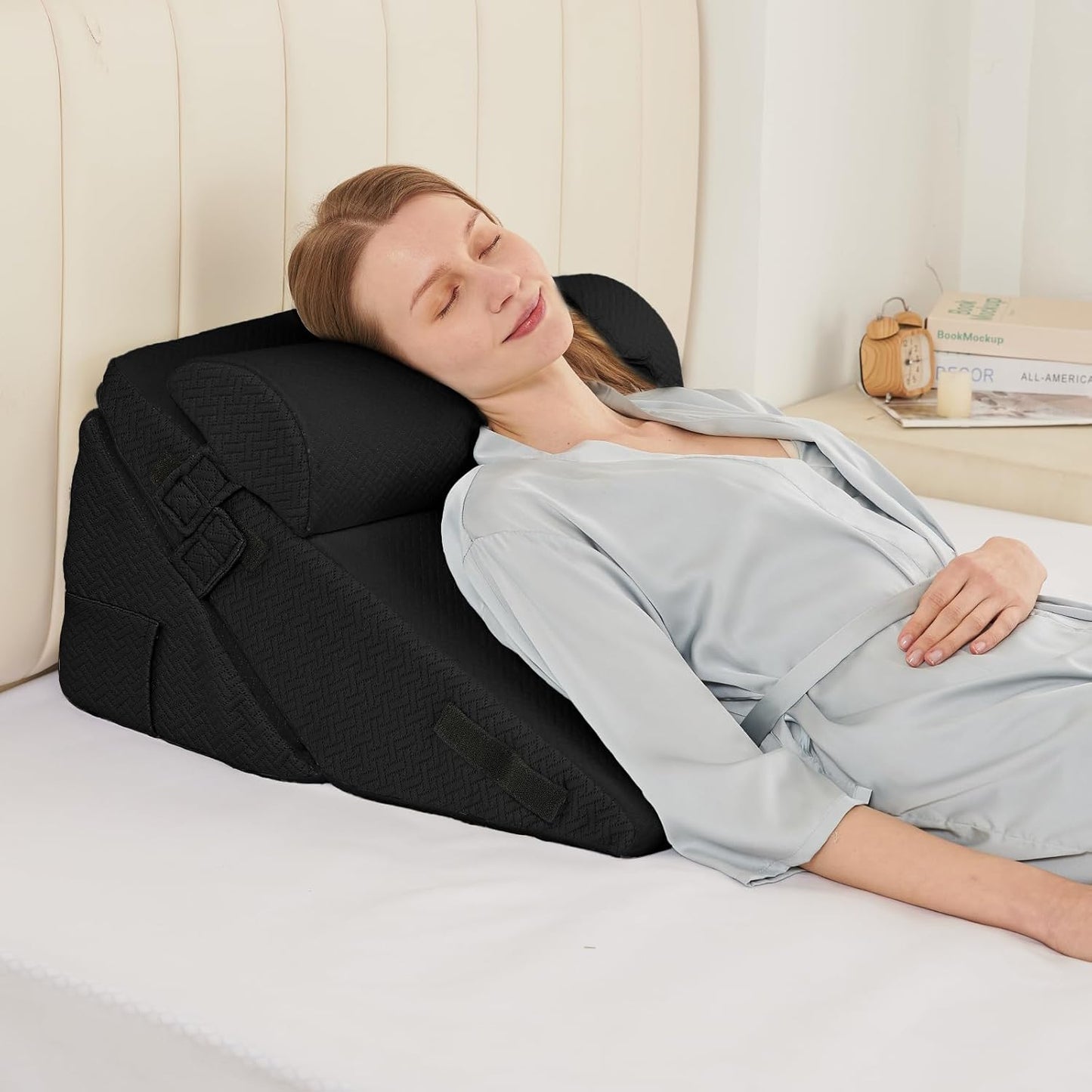 Sasttie Wedge Pillow Set for After Surgery, 2PCS Adjustable Bed Wedge Pillow Headboard with Memory Foam Neck Cushion – for Acid Reflux, Sleeping, Neck & Back Support, Black
