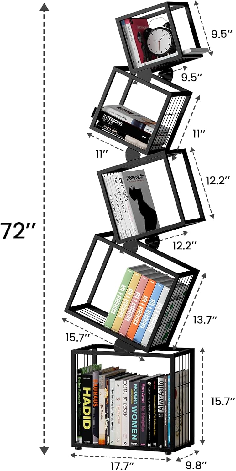5-Tier Skinny Bookshelf with Unique Geometric Design - Modern Metal Bookcase, Space-Saving Narrow Organizer for Living Room, Bedroom, Office, Corner - Black