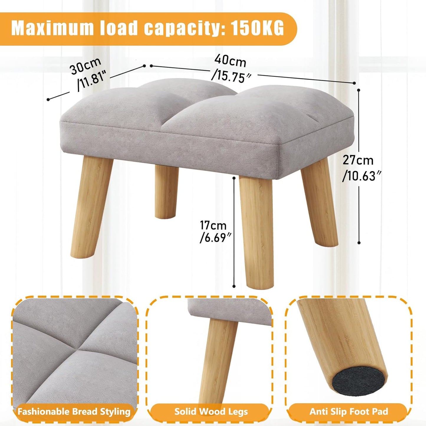 YMYNY Footstool, Small Ottoman Stool Chair with Wooden Legs, Modern Padded Sofa Seat Foot Rest Stool, Sofa Footrest for Living Room Entryway 15.74" D×11.81" W×10.62" H Grey UHBD032G