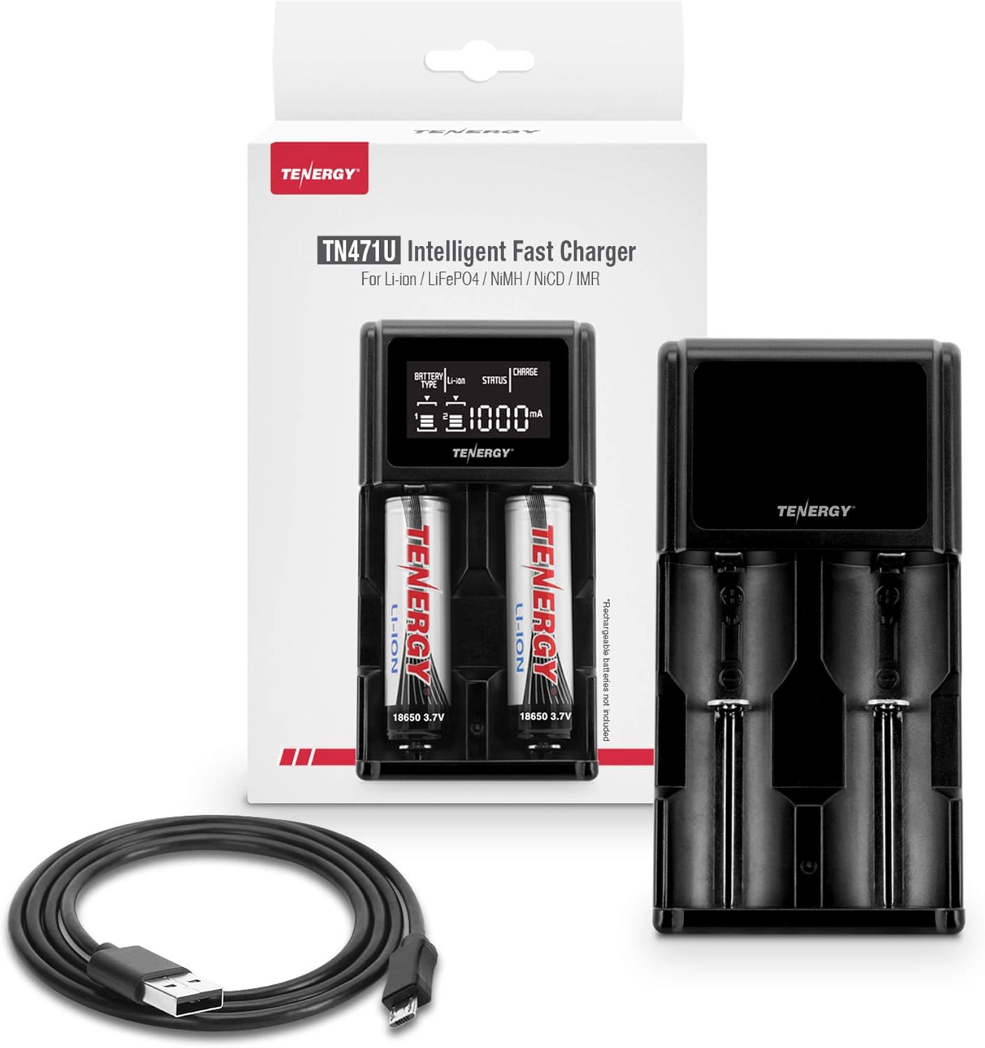 Tenergy TN471U 2-Bay Universal Battery Charger with LCD for Li-ion/NiMH/NiCD Rechargeable Batteries, Micro USB Input, Portable Charger for Batteries Sizes 18650, 16340, 26650, AA, AAA, and More