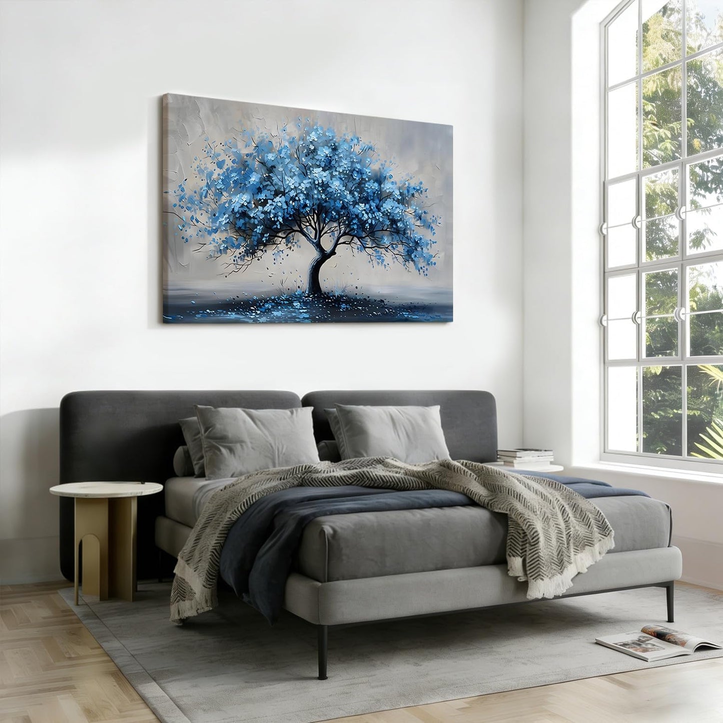 Kdyudo Blue Tree Canvas Wall Art, Tree of Life Large Mural Abstract Print Image Modern Blue Tree Oil Painting Art Print Suitable for Living Room Bedroom Kitchen and Office Wall Decor 16x24 inch