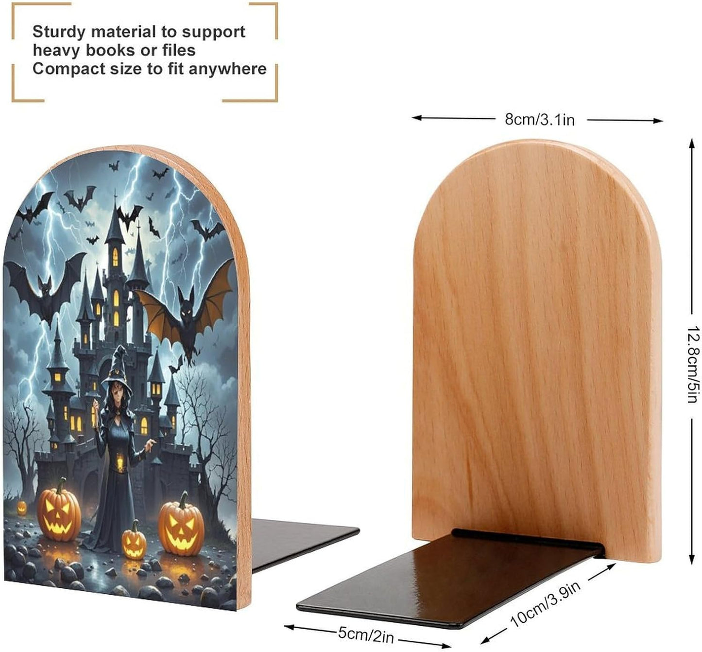 Witches Night Bookends 1 Pair Heavy Duty Book Ends for Shelves Non-Skid Bookend Supports Wooden Book Holders with Metal Base Desk Organizers Books Storage to Hold Books