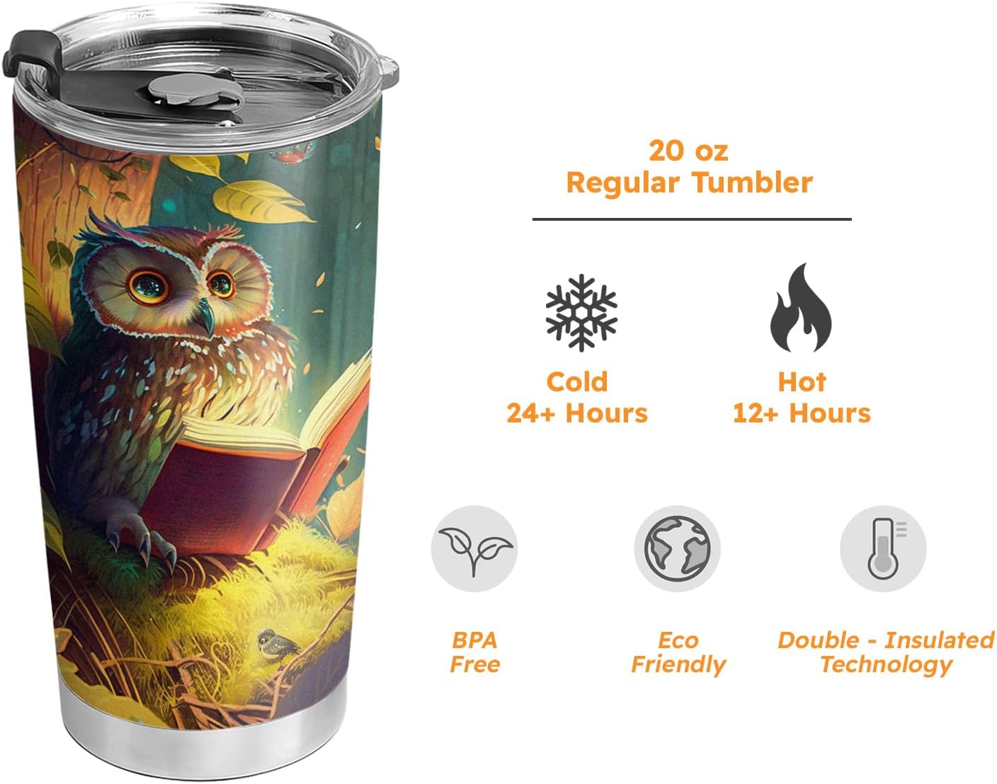 20oz Cute Books Owl Tumbler, Gifts for Owl Lovers, Librarian, Reading Gifts, Café Tumbler for Women, Stainless Steel Double Wall Vacuum Insulated Coffee Mug, Travel Cup with Lid
