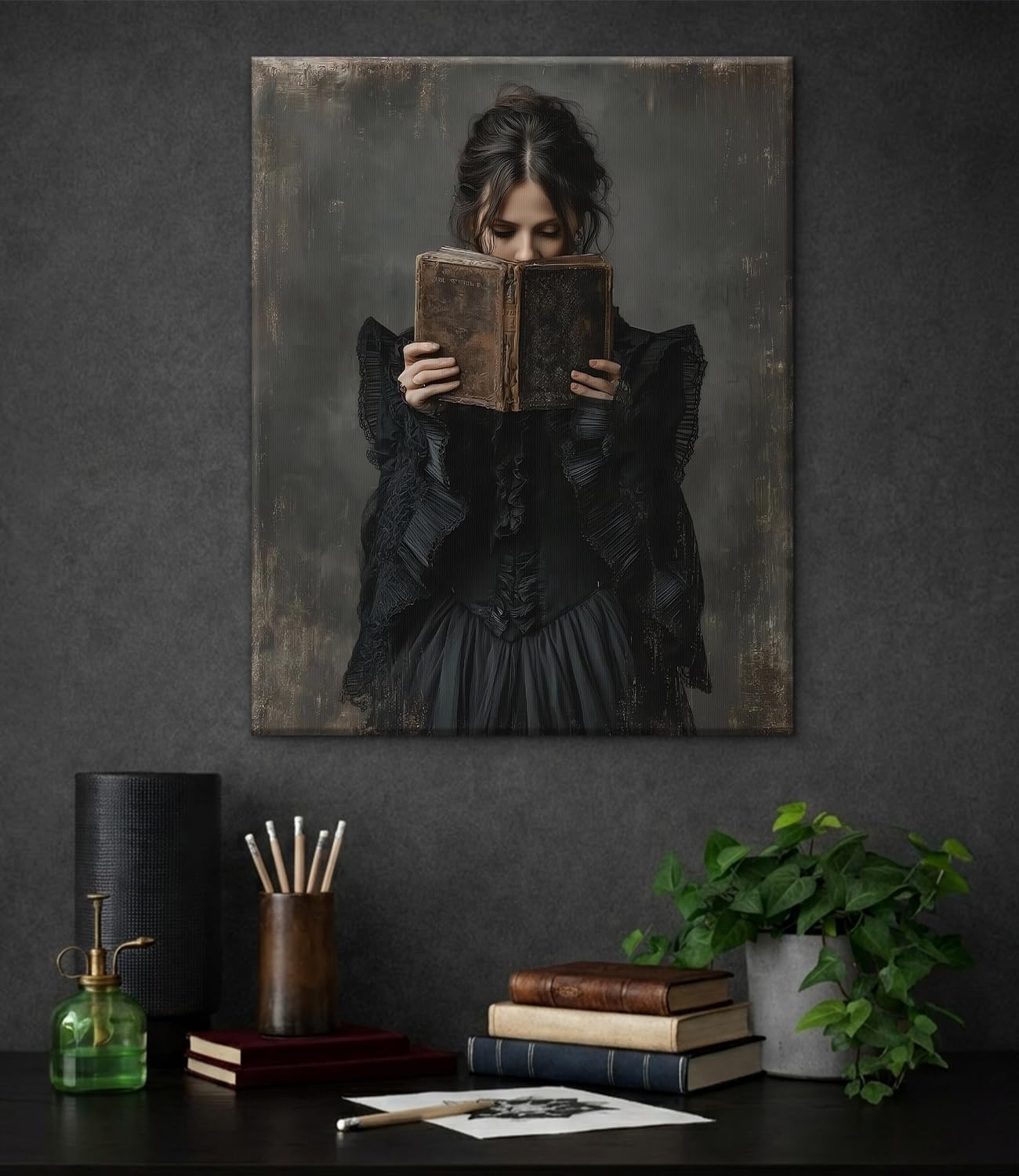 Victorian Woman Reading Wall Art Print - Vintage Bookish Woman Canvas Poster Painting - Dark Academia Wall Decor for Home Reading Nook Library 8x10 Inch Framed