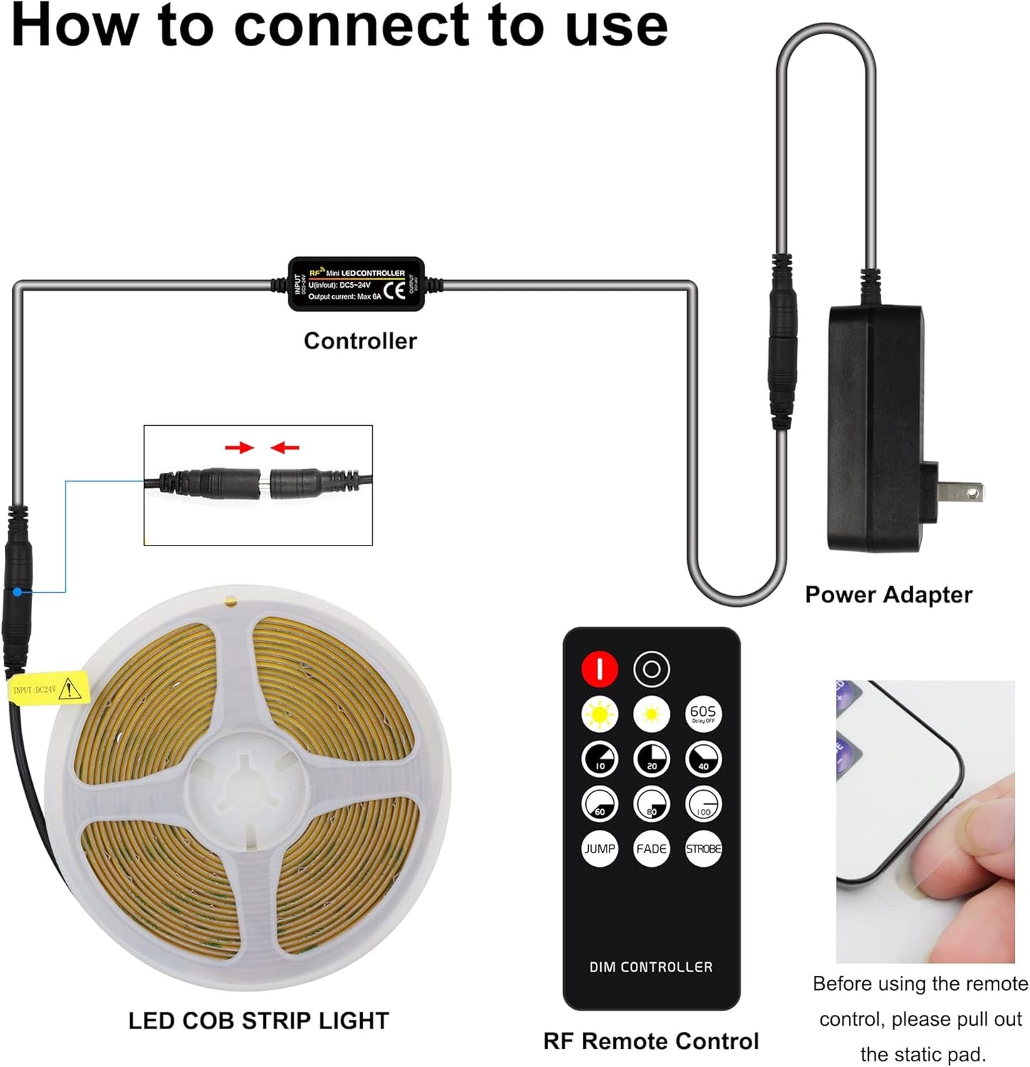 COB LED Strip Light Warm White, High Bright LED Strips with 2400LEDs, RF Remote and UL Power Supply, 3000K Dimmable LED Lights for Bedroom, Kitchen, DIY Home Decoration