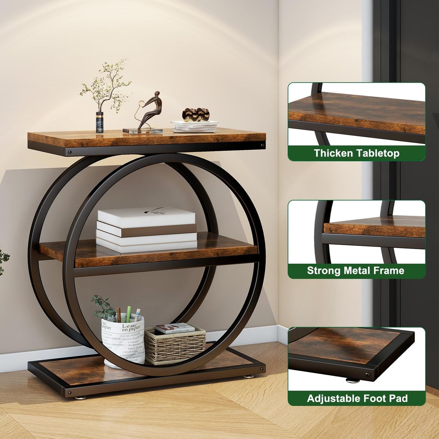 IBUYKE Narrow End Table with 3 Storage Shelves, Industrial Sofa Side Table, Double Round Metal Frames, Slim Nightstand and Bedside Table for Bedroom, Living Room, Rustic Brown UTMJ418H