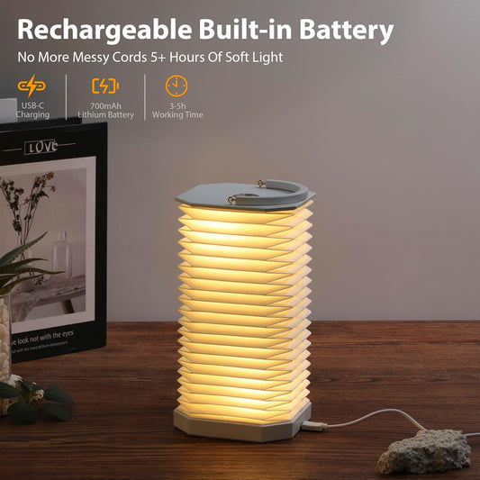 Portable Paper Lamp,White Accordion Desk Lamp,Japanese Lanterns lamp for Home Decoration and Gift,Dimmable Bedside Lamp,1200mAh USB Powered Night Light for Bedroom,Office,Reading （White