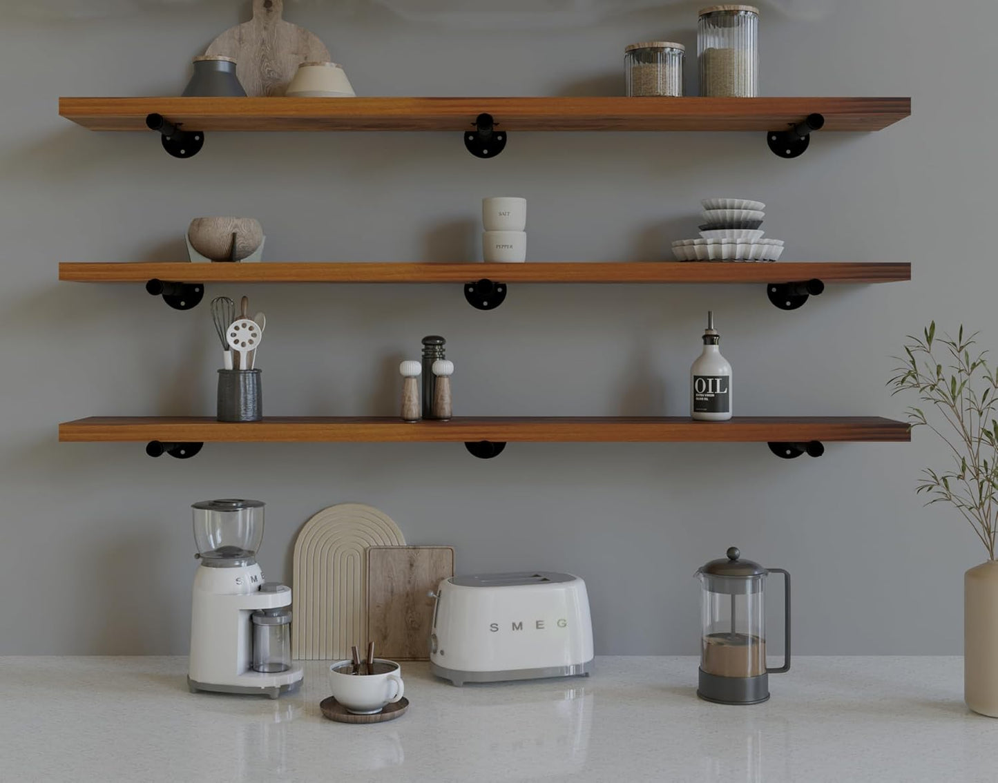Industrial Pipe Wall Wood Shelves,Real Wooden Shelves 48" in Special Brown Color with 1.2" Extra Thickness, Modern Floating Shevles Bookshelf Shelving Units for Rustic Farmhouse Decor