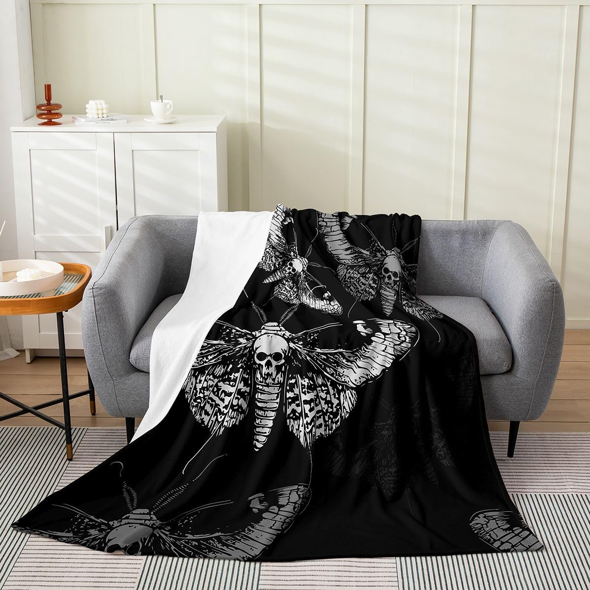 Feelyou Death Moth Flannel Fleece Throw Blanket, Boho Moth All Season Bed Blanket Gothic Skeleton Fuzzy Blanket for Bed Sofa Couch, Horror Dark Bedroom Decor Plush Blanket Queen 90"x90"