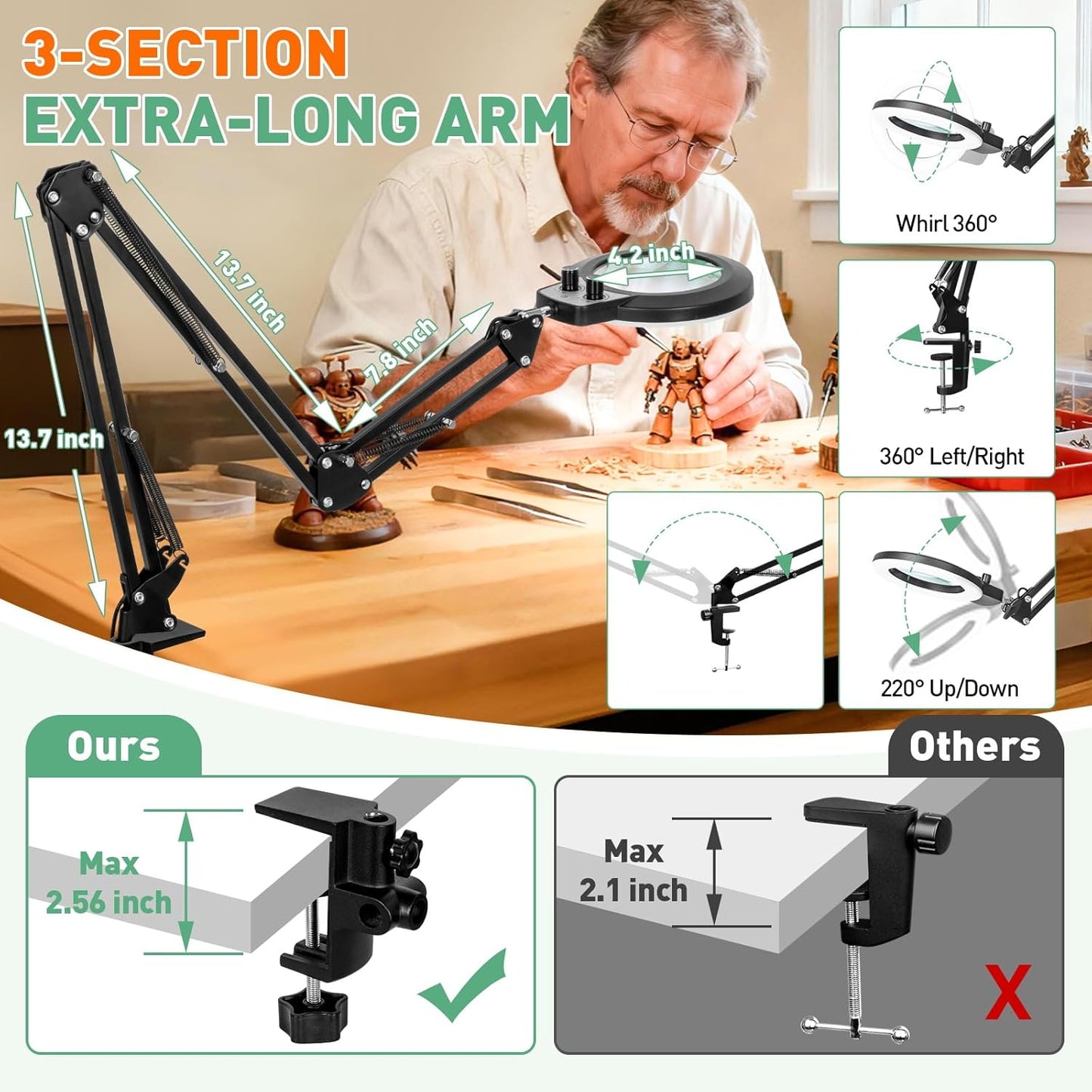 12X Magnifying Glass with Light, Ultra Long 3 Section Swing Arm LED Desk Lamp with Large Clamp, 3 Color and Brightness Hands Free Magnifier Light and Stand for Workbench Crafts Reading Sewing