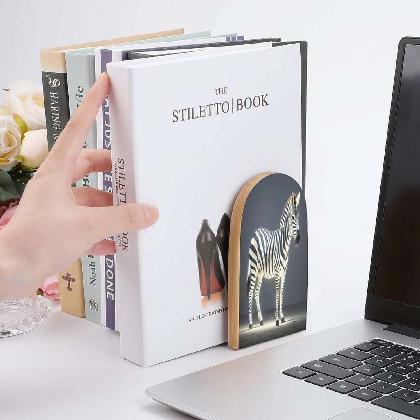 Glowing Zebra Bookends 1 Pair Heavy Duty Book Ends for Shelves Non-Skid Bookend Supports Wooden Book Holders with Metal Base Desk Organizers Books Storage to Hold Books