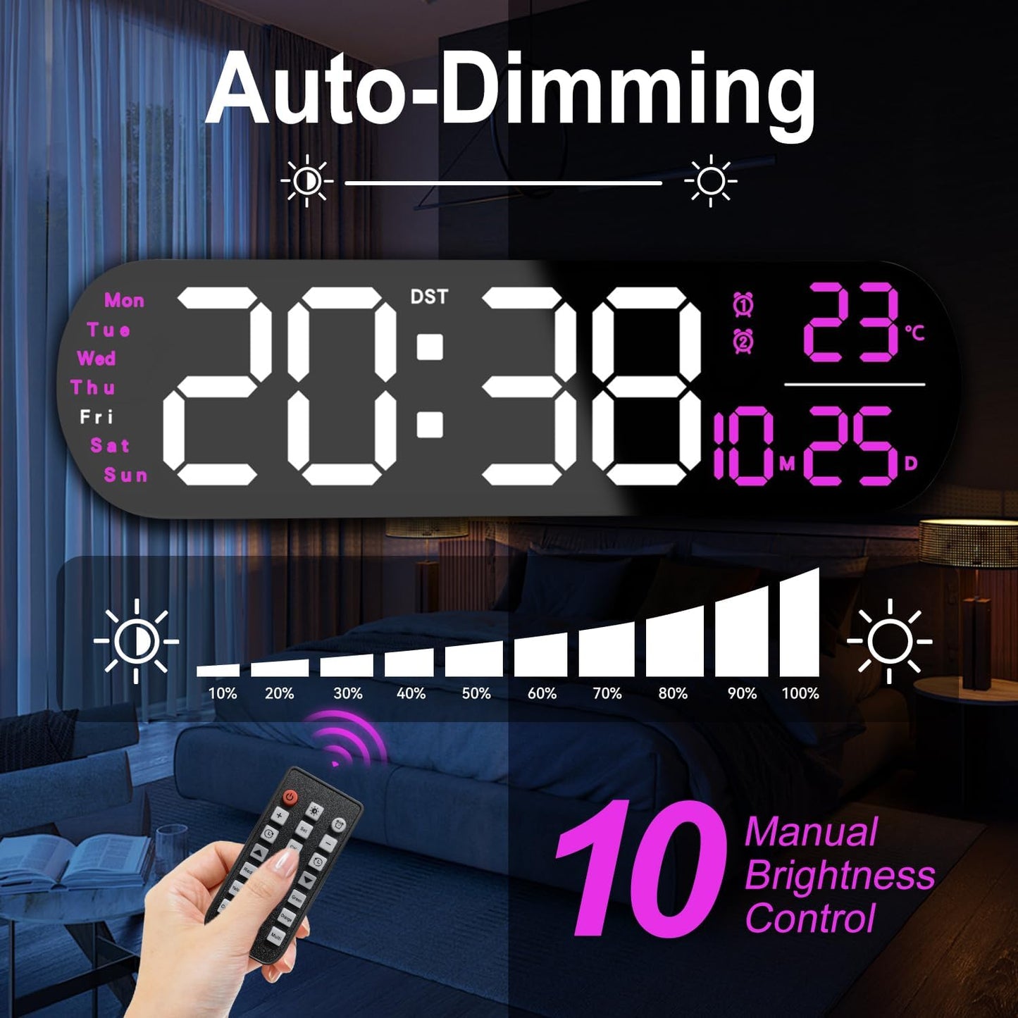 13.7" Large Digital Wall Clock – Remote Control, Dual Alarm, Big LED Display, Auto-Dimming, RGB Night Light, Auto DST – Bedroom, Living Room, Office, Purple