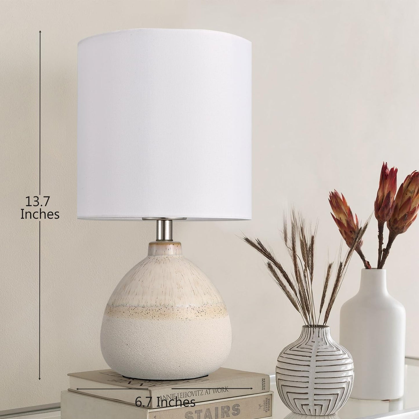 Set of 2 Ceramic Table Lamp for Bedroom, Small Table Lamp White Farmhouse Rustic Lamp Set Bedside Table Lamps for Nightstand Side Table Lamps for Living Room, 13.7IN