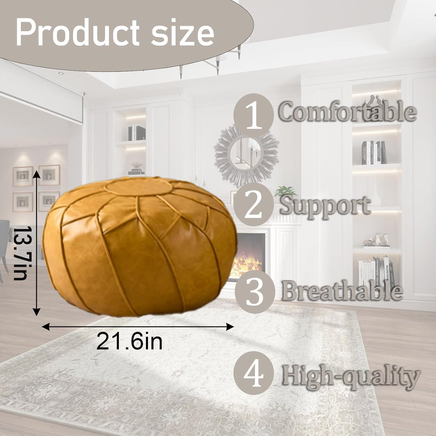 Louis Donné Moroccan Pouf Cover Unstuffed Waterproof Faux Leather Ottoman Foot Rest, Round Storage Bean Bag Chair for Stuffed Animals, Boho Floor Cushion for Living Room Patio, (Yellow)