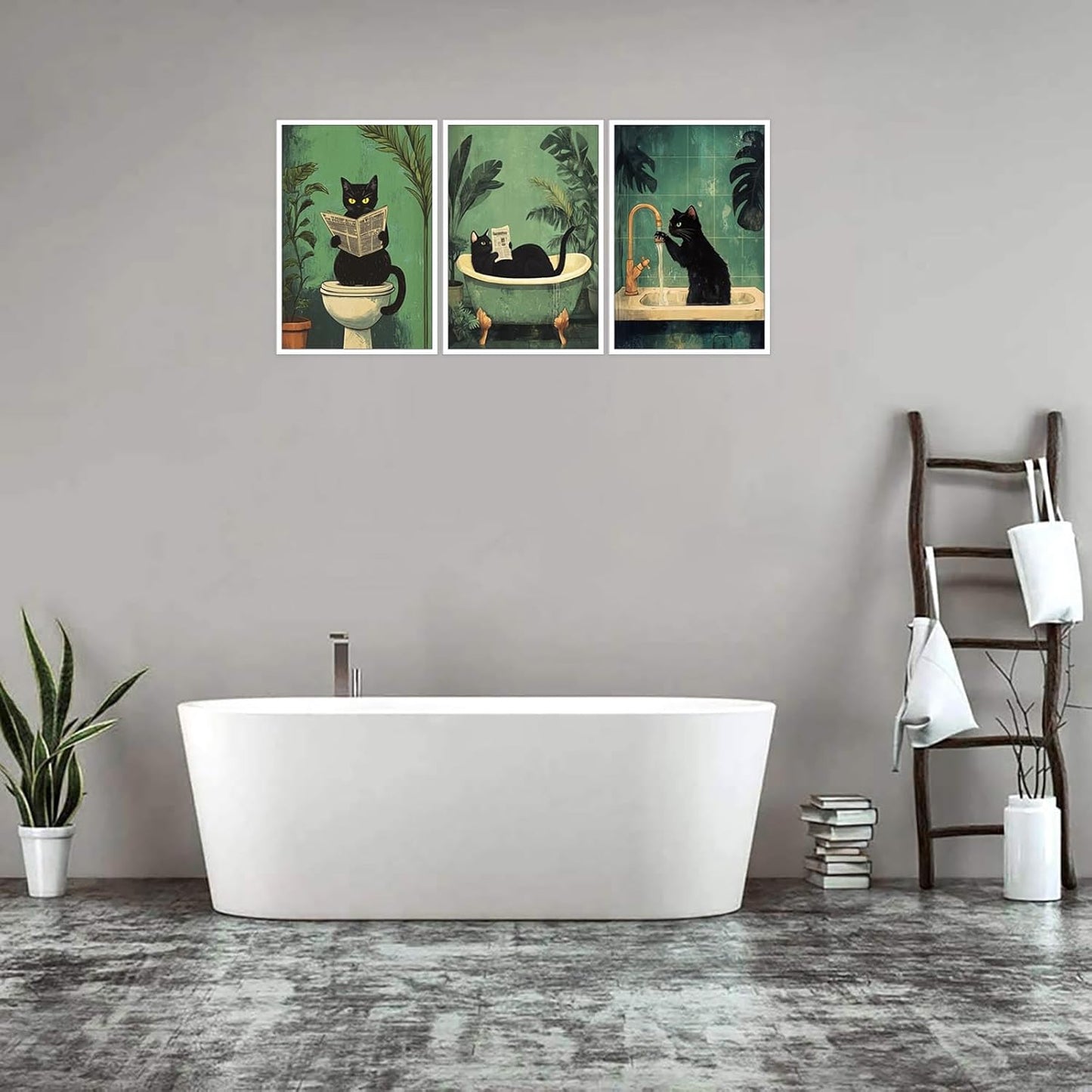 3pcs Funny Black Cat Bathroom Canvas Wall Art Cute Cat Wash Its Paws Reading Newspaper Poster Modern Abstract Green Aesthetic Animal Prints Painting For Bathroom Toilet Wall Decor 8x10in Unframed