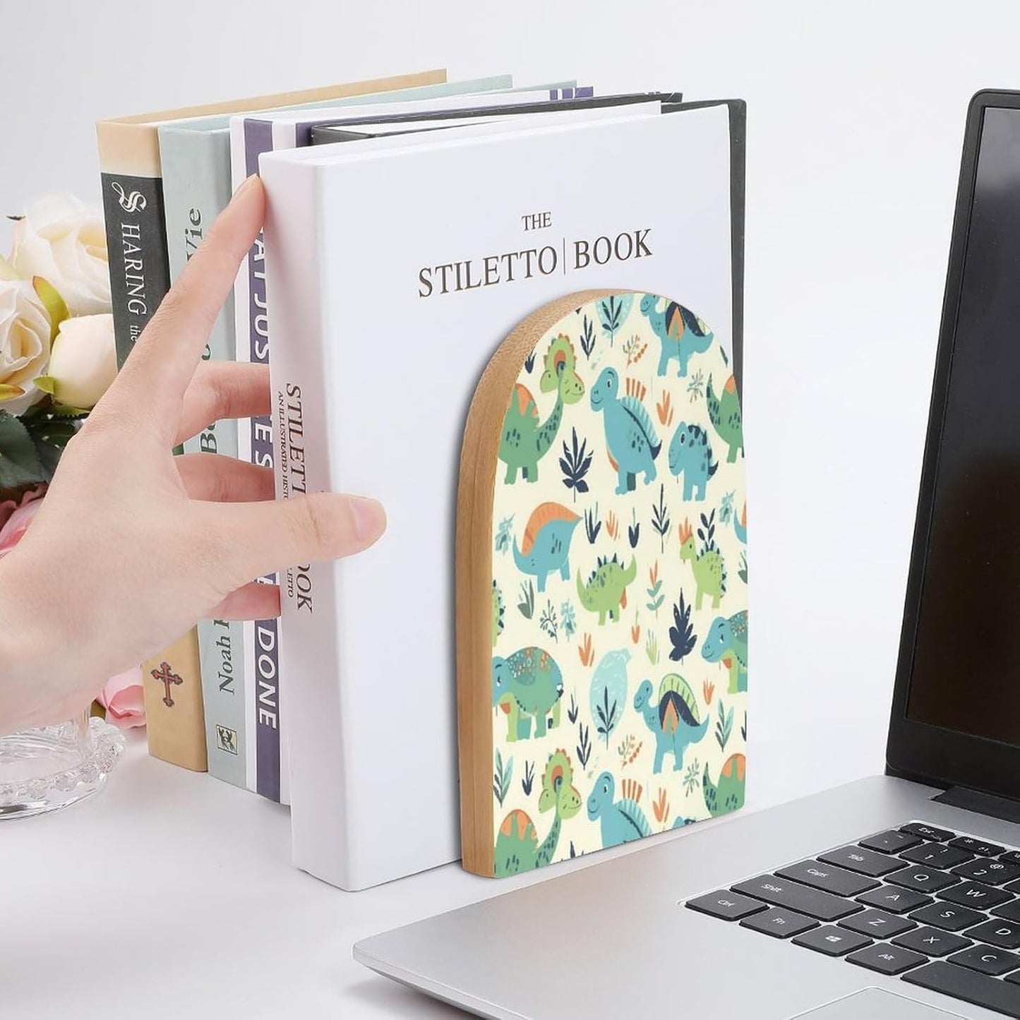 Dinosaur Pattern Bookend for Shelves Wooden Book End Large Size Sturdy Book Holders Stoppers with Metal Base for Bookshelves Slick Decorative Bookends Stands