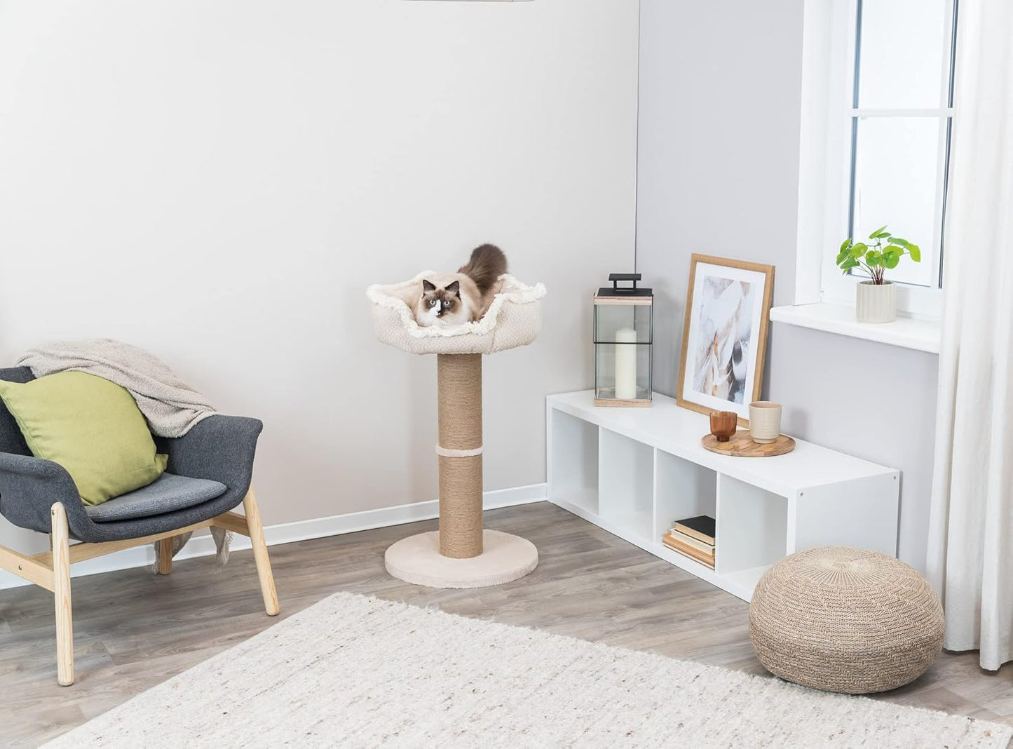 Trixie Boho Cat Scratching Post 32.7 Inch - Cat Scratcher with Soft Fabric Covering Base and Jute-Wrapped Post - with Platform Bed - in Beige