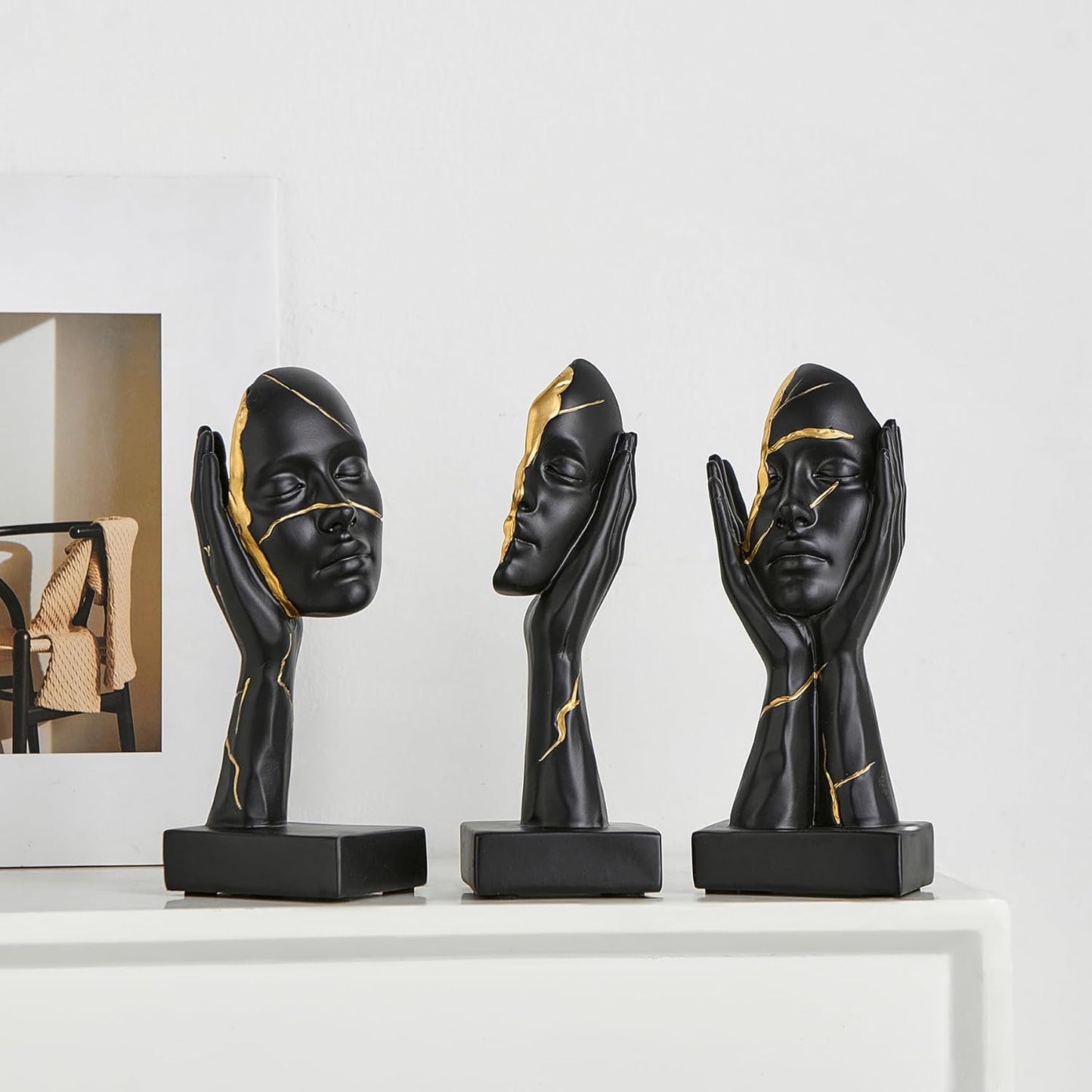 Black and Gold Decor Thinker Statues Set of 3, 7.5" H x 3.1" W Face Sculptures for Coffee Table Bookshelf Office Desk, Modern Abstract Art Sculptures Home Decor Living Room Decorations