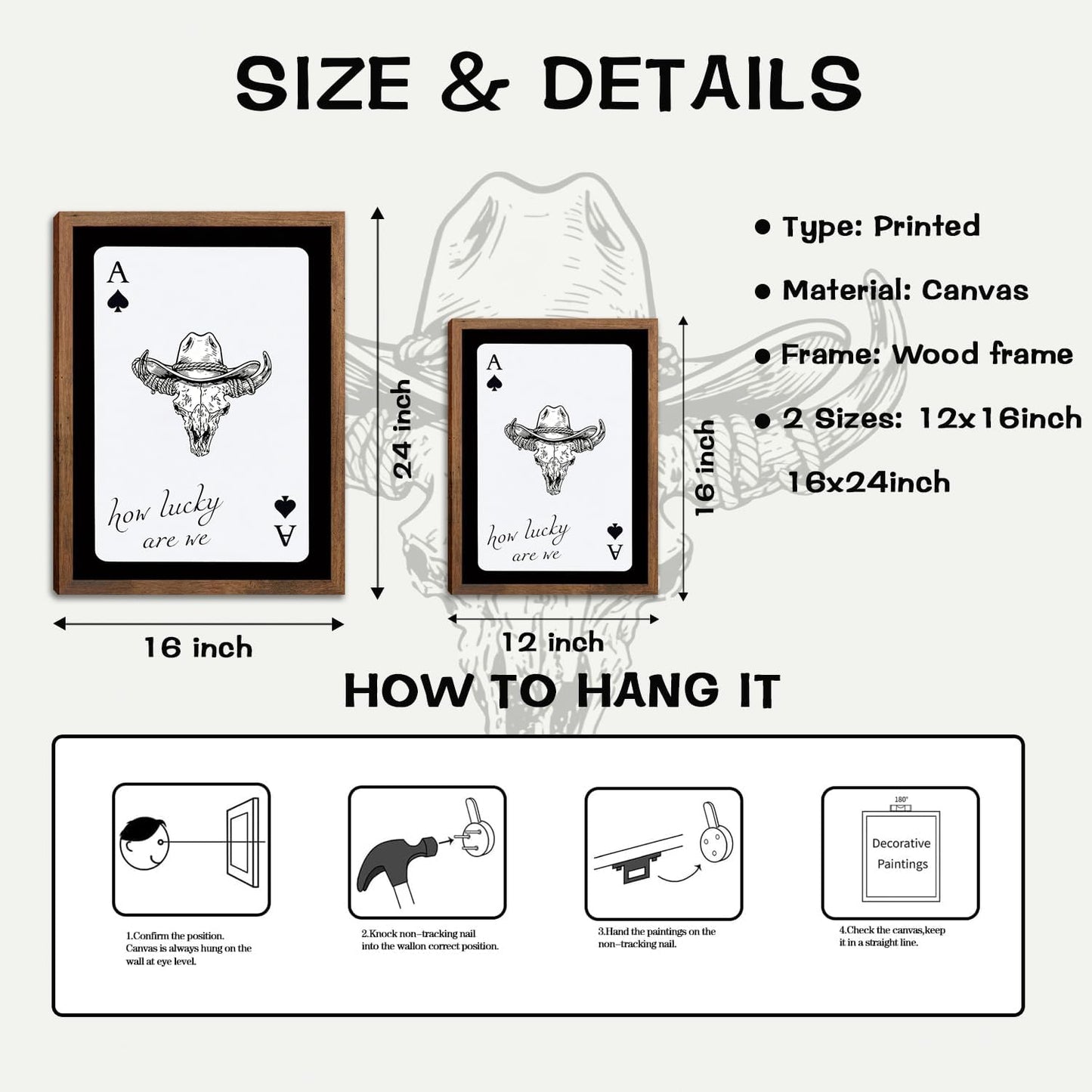 Western Cowboy Canvas Wall Art,Vintage Cow Skull and Cowboy hat Playing Card Inspired Posters Prints Wall Decor and How Lucky are We Aesthetic for Living Room Bedroom Office Home Decor 12x16in Framed