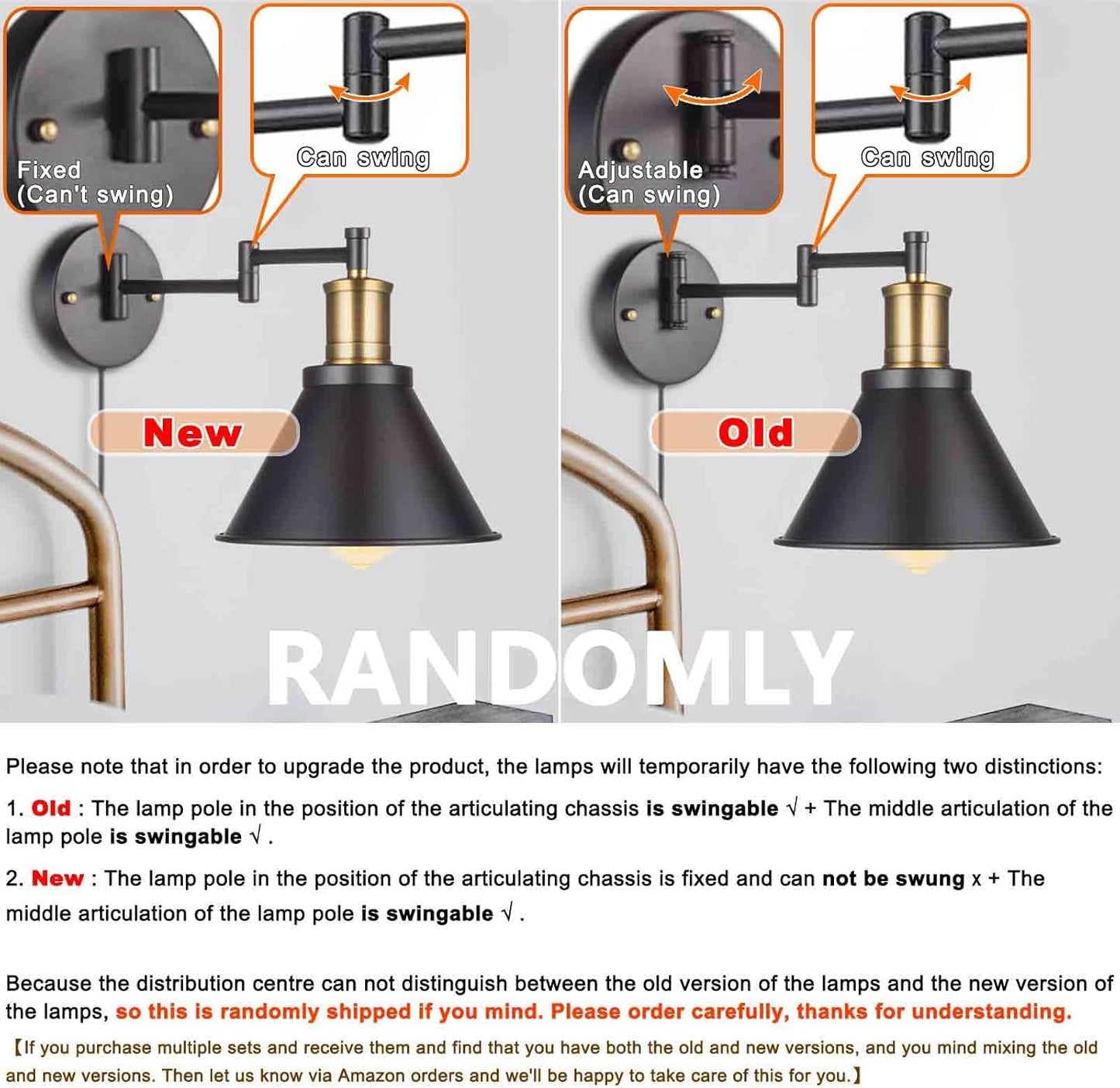 Swing Arm Wall Lamp Plug-in Cord Industrial Wall Sconce, Bronze and Black Finish,with On/Off Switch, E26 Base,1-Light Bedroom Wall Lights Fixtures,Bedside Reading Lamp