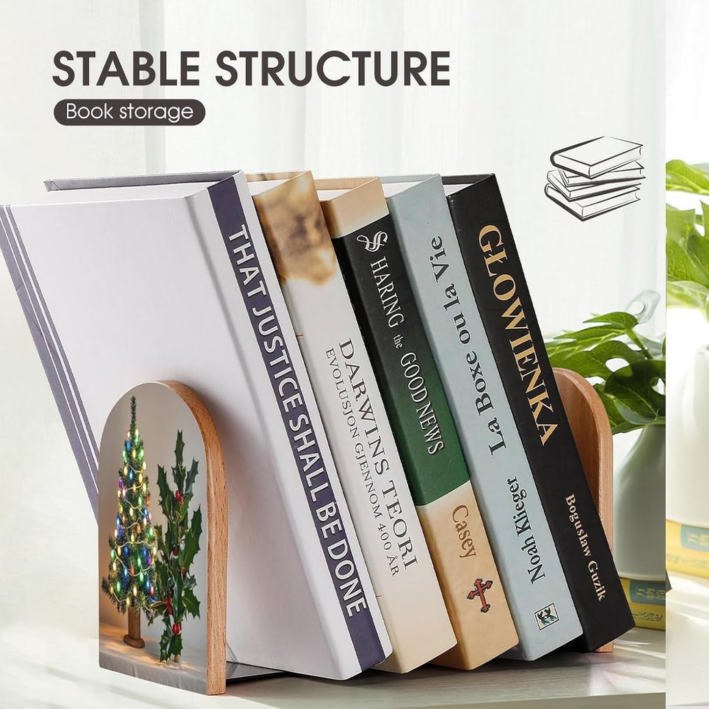 Christmas Tree Holly Bookends 1 Pair Heavy Duty Book Ends for Shelves Non-Skid Bookend Supports Wooden Book Holders with Metal Base Desk Organizers Books Storage to Hold Books