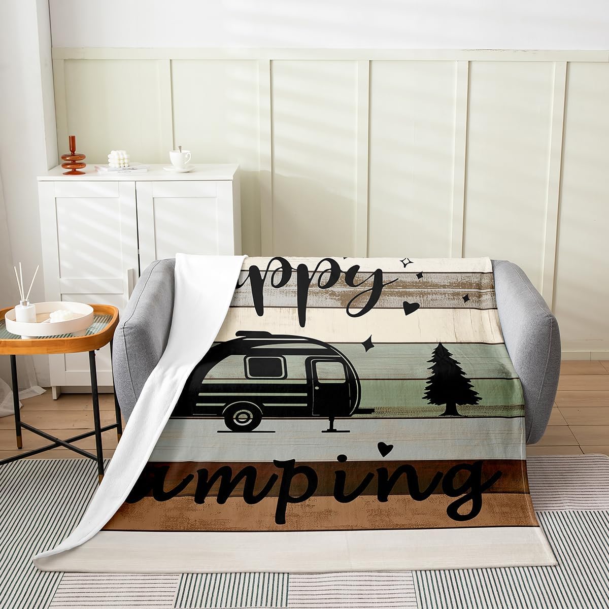 Feelyou Camper Plush Throw Blanket, Happy Camping All Season Bed Blanket, Rustic Wooden Brown White Flannel Fleece Blanket, Gift for Women Mom Wife, Throw 50"x60"