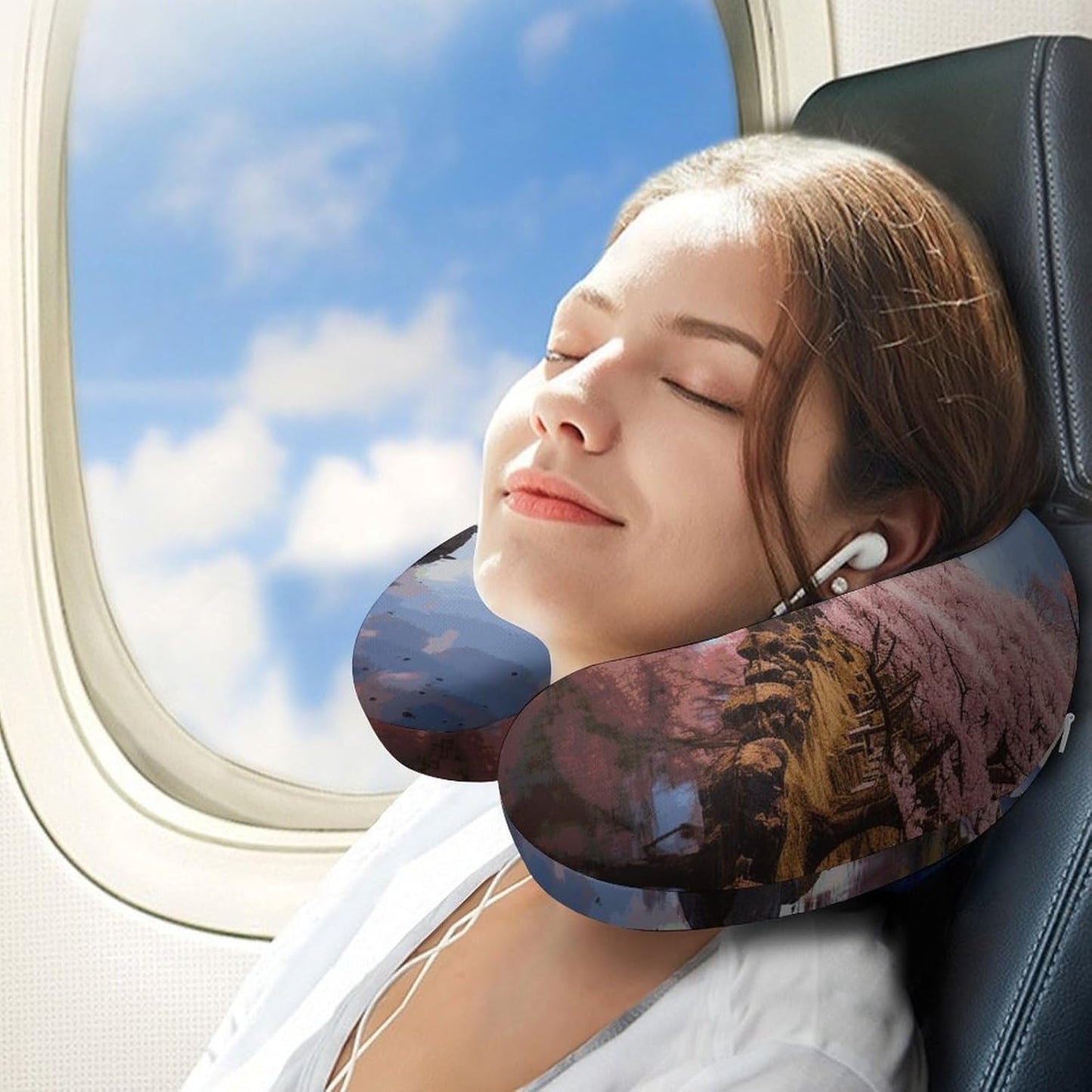Mount Fuji Cherry Blossom Trees Neck Pillow Memory Foam U Shaped Pillows Portable Pillows for Shoulder Travel Head Support Pillow with Concealed Zipper for Airplane Car Home Office