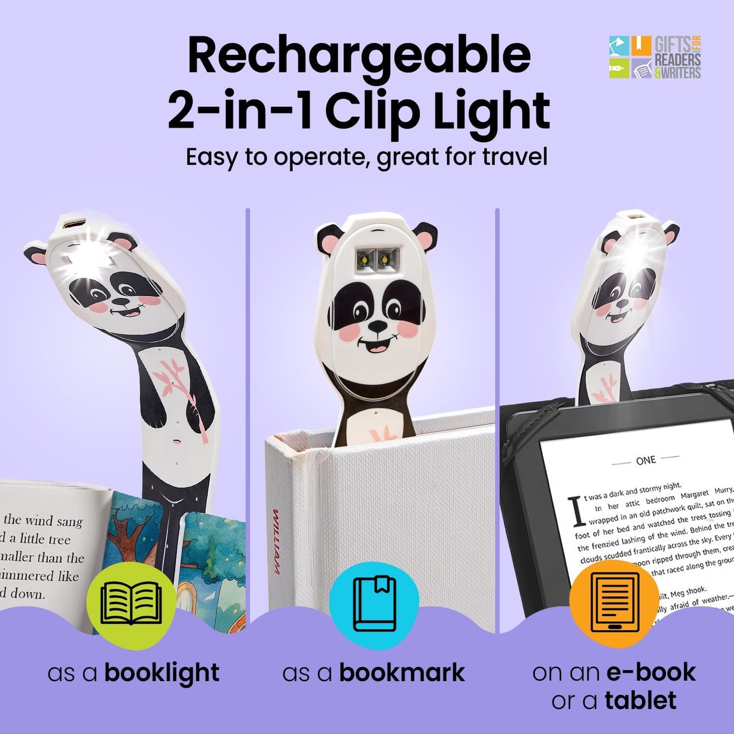 Gifts for Readers & Writers Rechargeable Book Light for Kids, Clip On Reading Light for Bed, 2in1 Flexilight Pals & Bookmark, 12 Hours of Light Once Charged, Includes USB Cable & 2 LED Lights, Panda