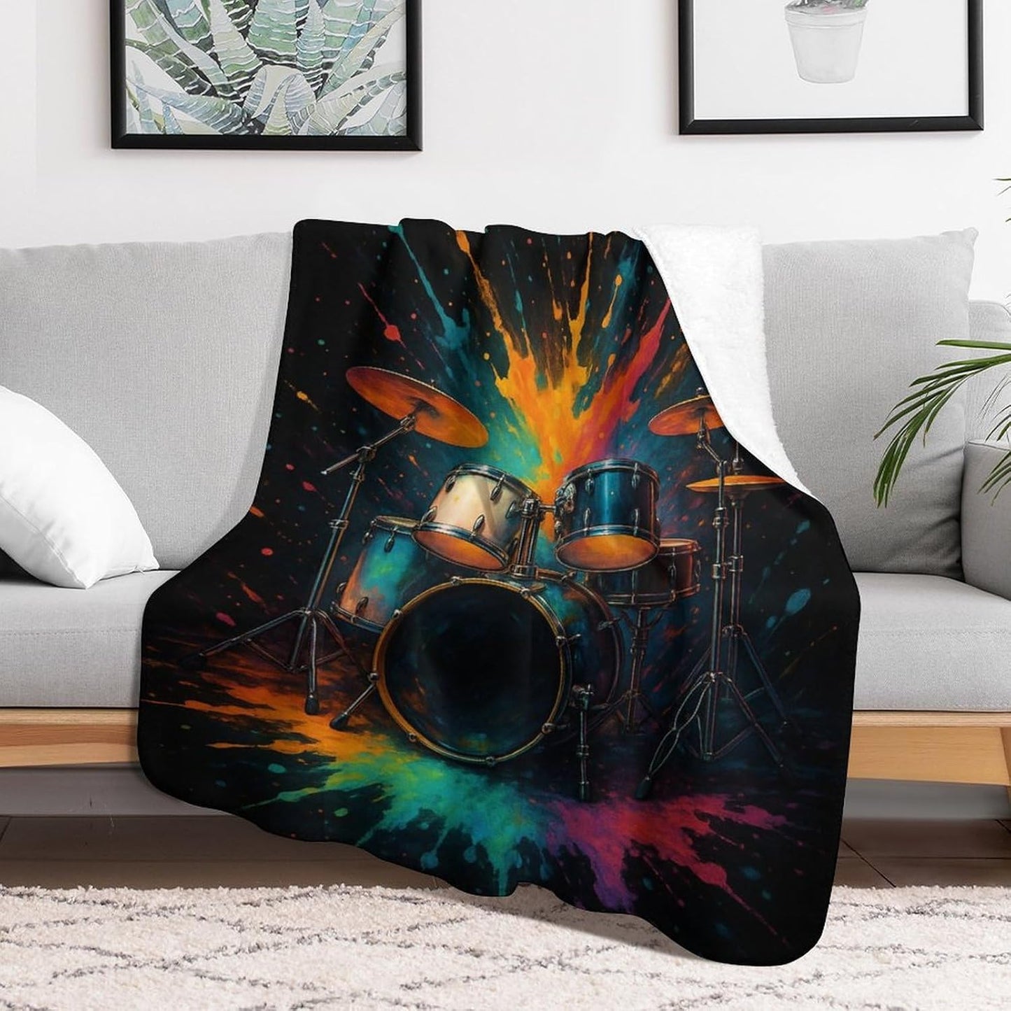 Drum Set Blanket Gifts for Women Kids, Colorful Drum Kit and Paint Music Fleece Blankets, Cozy Plush Flannel Throw for Couch, Bed, Living Room Decor 50"x60"