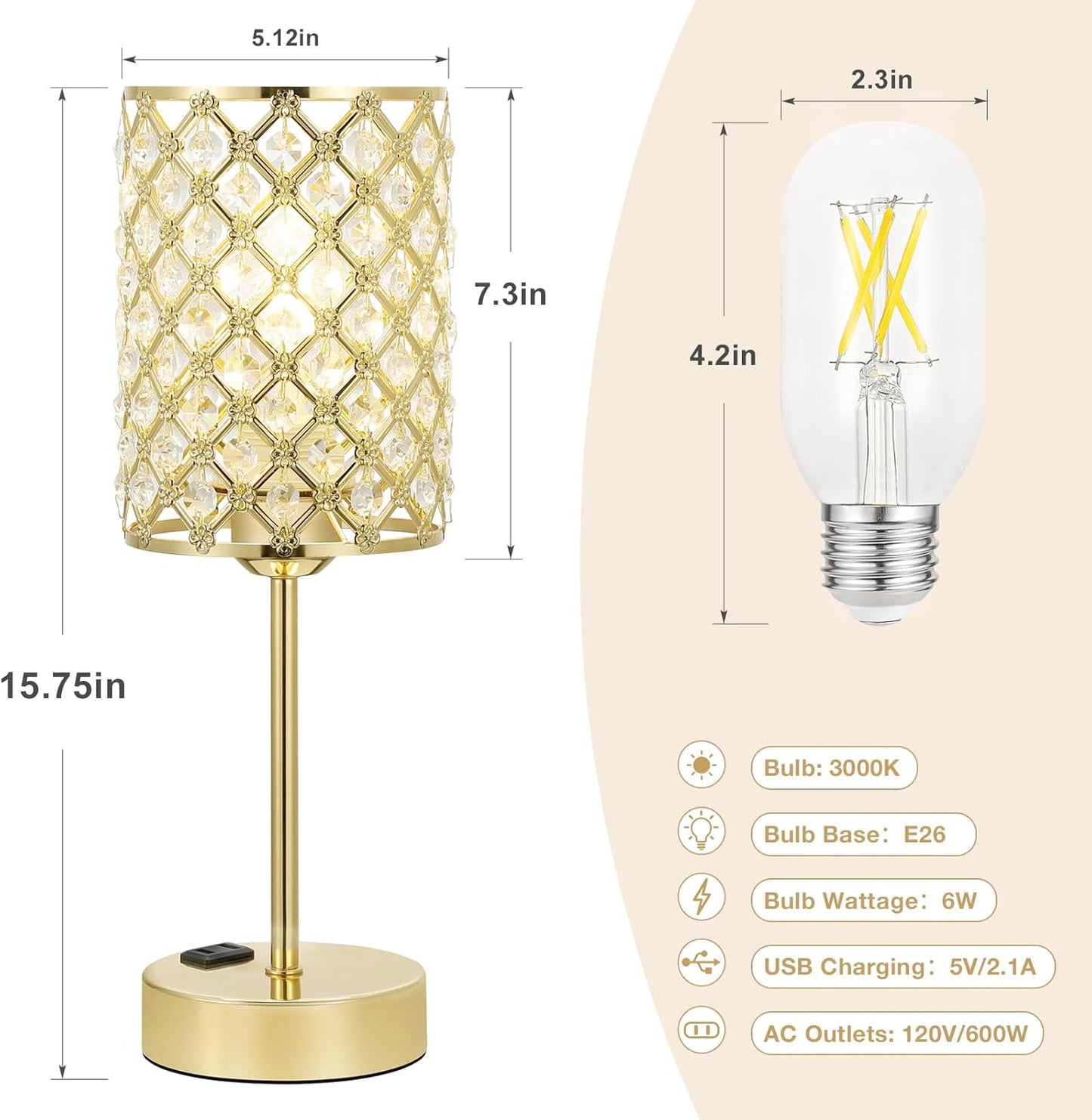 Hong-in Gold Lamps for Night Stands-Crystal Table Lamp with USB-C+A & AC Charging Ports, 3-Way Dimmable Nightstand Touch Lamp, Bedside Desk lamp for Bedroom Living Room Home Office