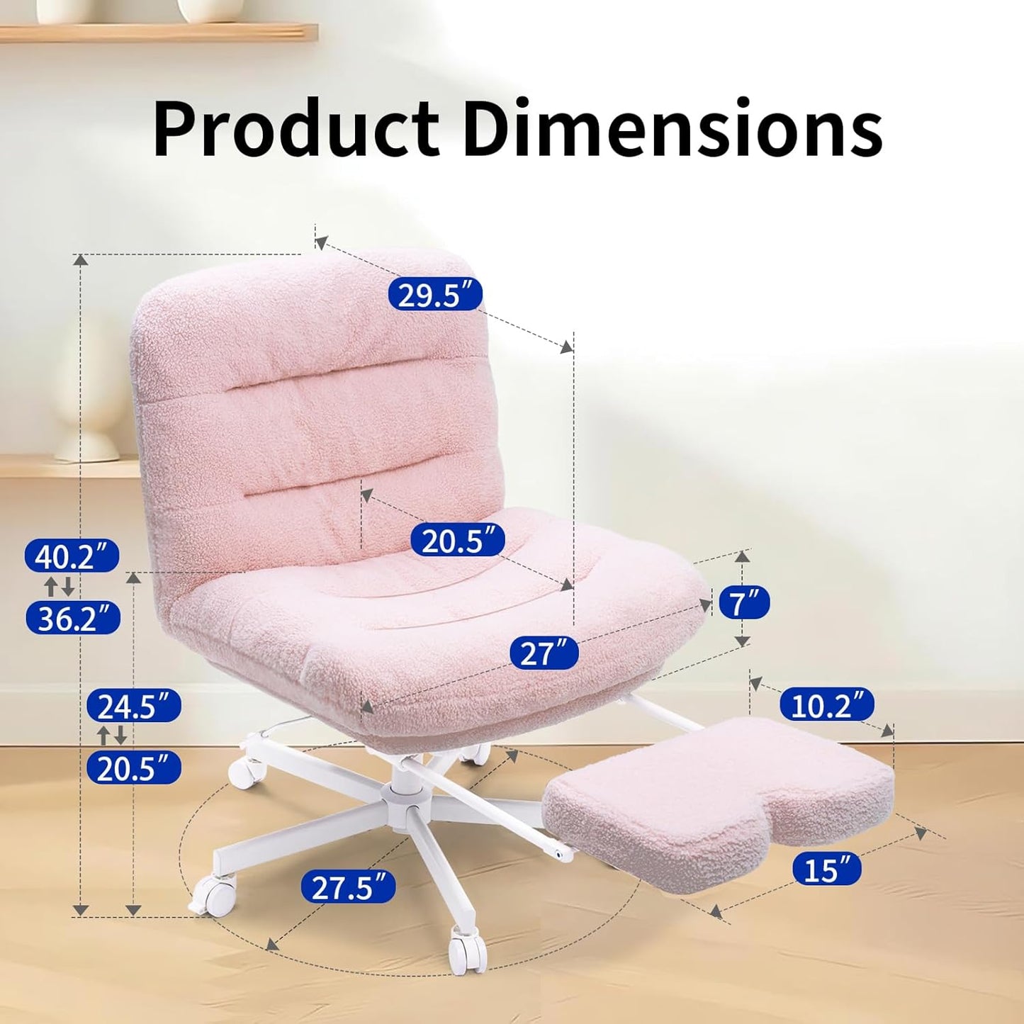 Wide Cross Legged Office Chair with Footrest, 400LB Capacity, Rocking, Height Adjustable, Locking Wheels & Armless. Ideal for Work, Gaming, Reading, Makeup - Teddy Plush Pink