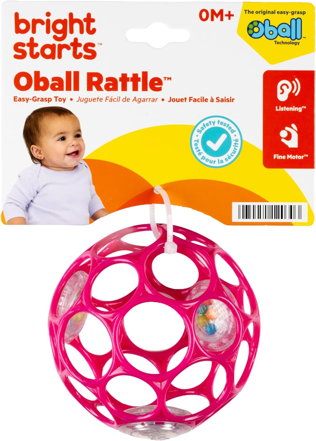 Bright Starts Oball Easy-Grasp Baby Rattle Ball, Pink, Ages Newborn and Up, 4 Inches