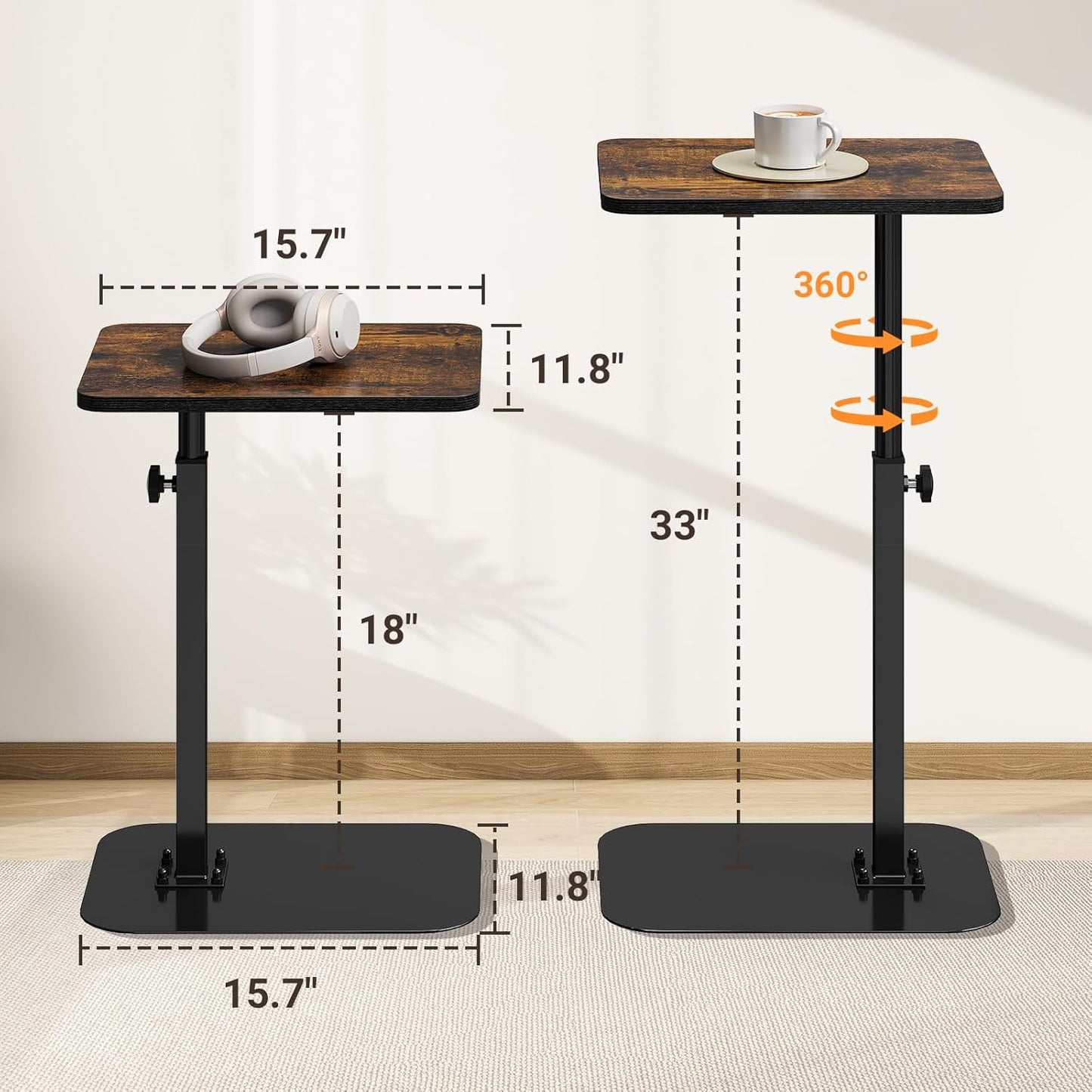 ELYKEN TV Tray Table, C-Shape Couch Desk, 360° Swivel Side Table Height Adjustable, Laptop Stand for Couch Recliner, Small Bedside Tables, Rustic Brown
